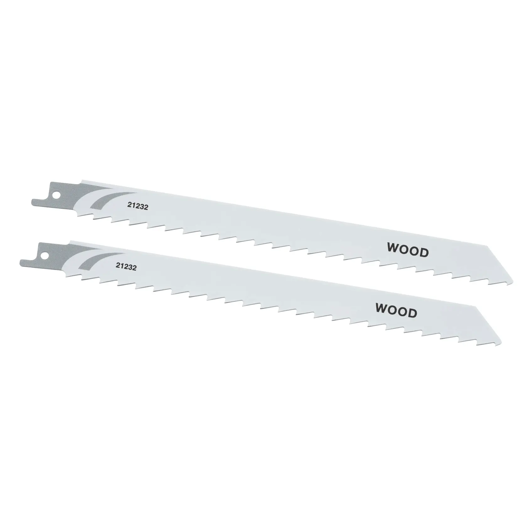 STANLEY STA21232 set of two wood cutting reciprocating saw blades, silver, side angle on white background.