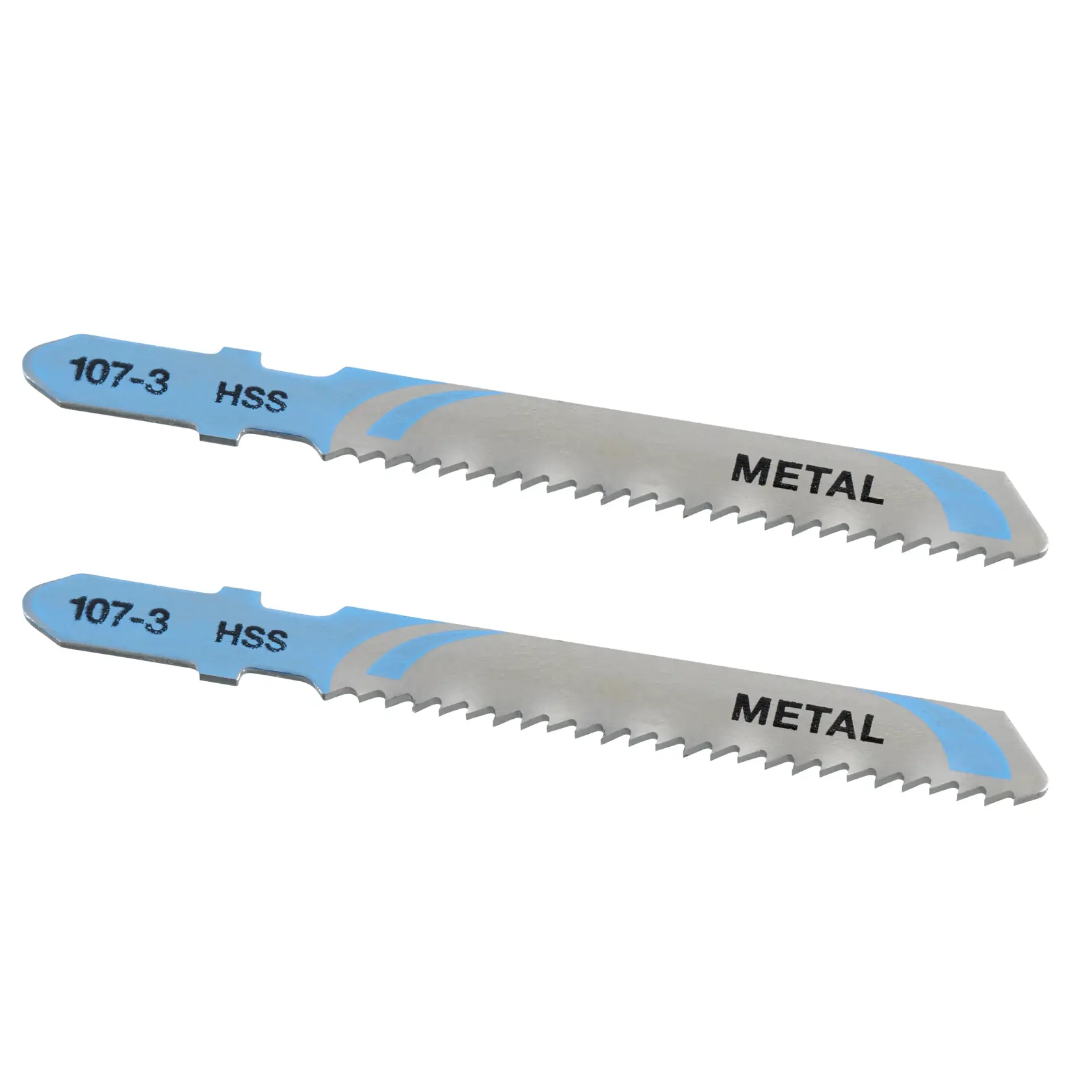 STANLEY STA22022 metal jigsaw blades with blue label, side angle, set of two, photography.