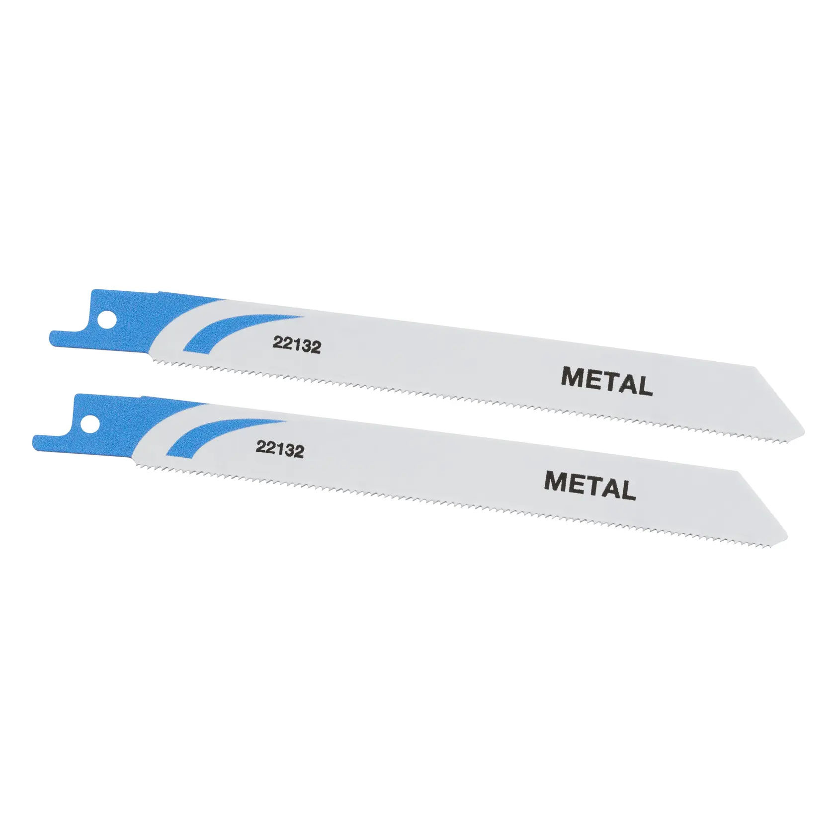 STANLEY STA22132 metal reciprocating saw blades, white with blue base, set of two, side view on white background.
