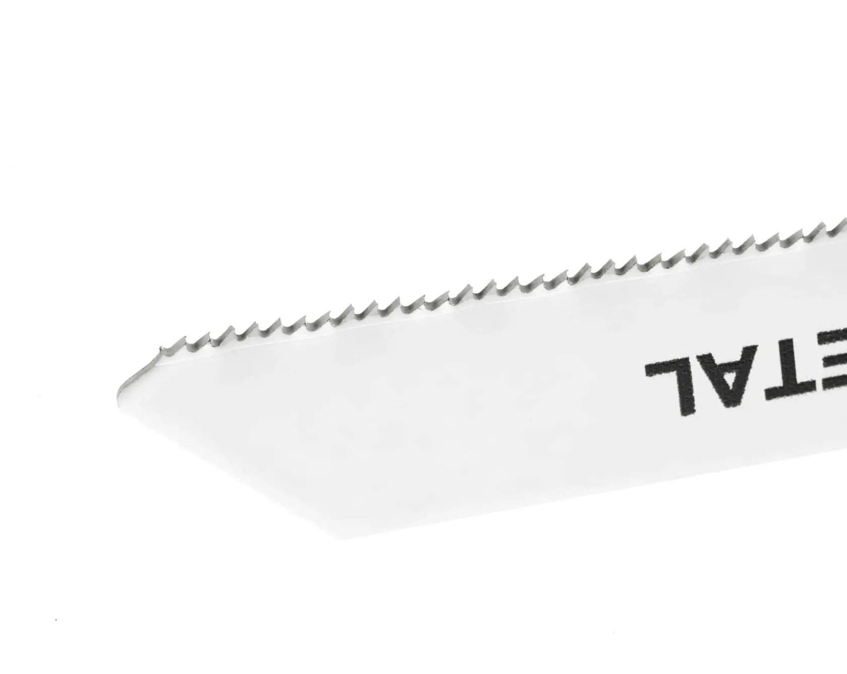 Close-up of a serrated metal saw blade with partial text visible on the blade.
