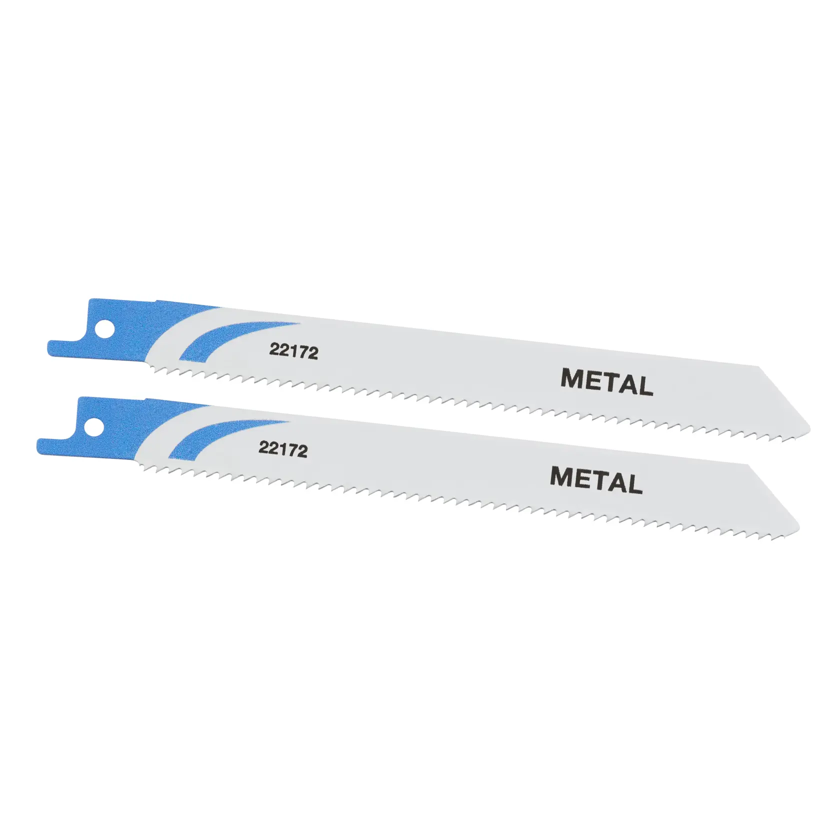 STANLEY STA22172 metal reciprocating saw blades, set of two, white with blue ends, front angle on white background.