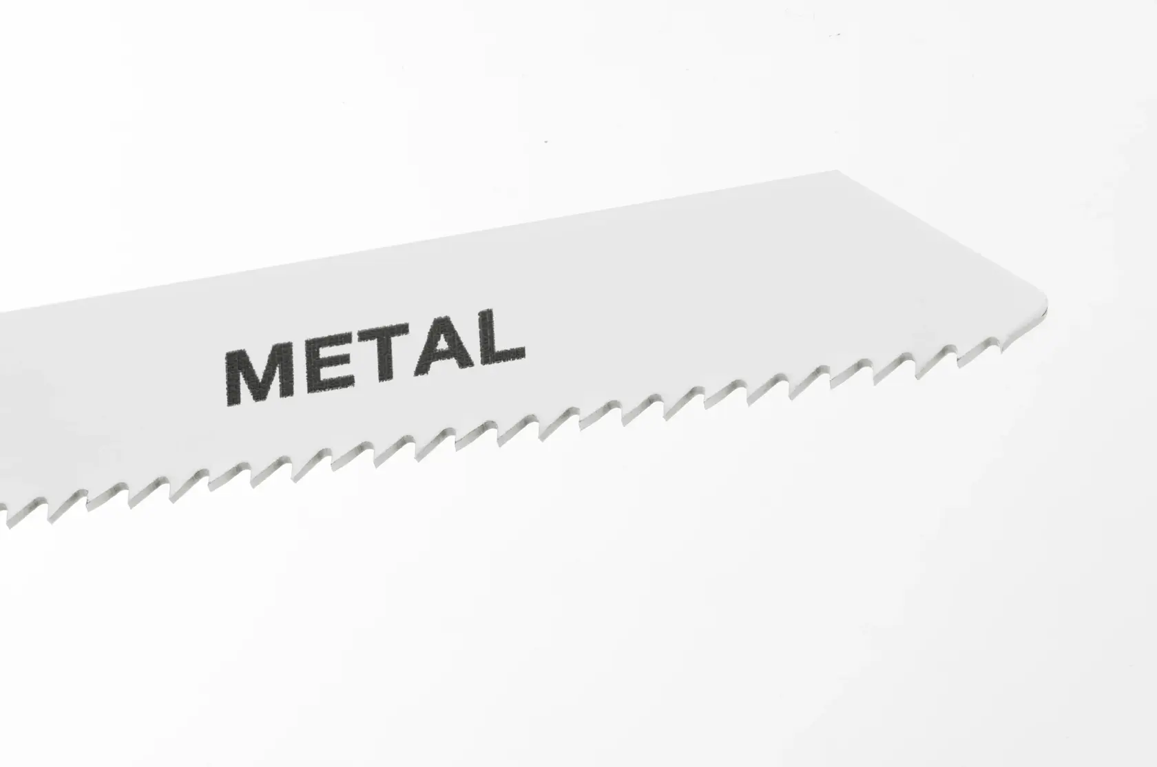 STANLEY STA22172 reciprocating saw blade for metal, white, side angle on white background.