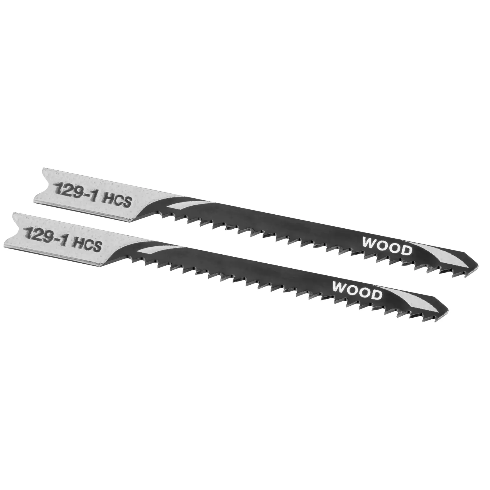 STANLEY STA23002 jigsaw blades for wood, set of 2, black and silver, flat lay on white background.