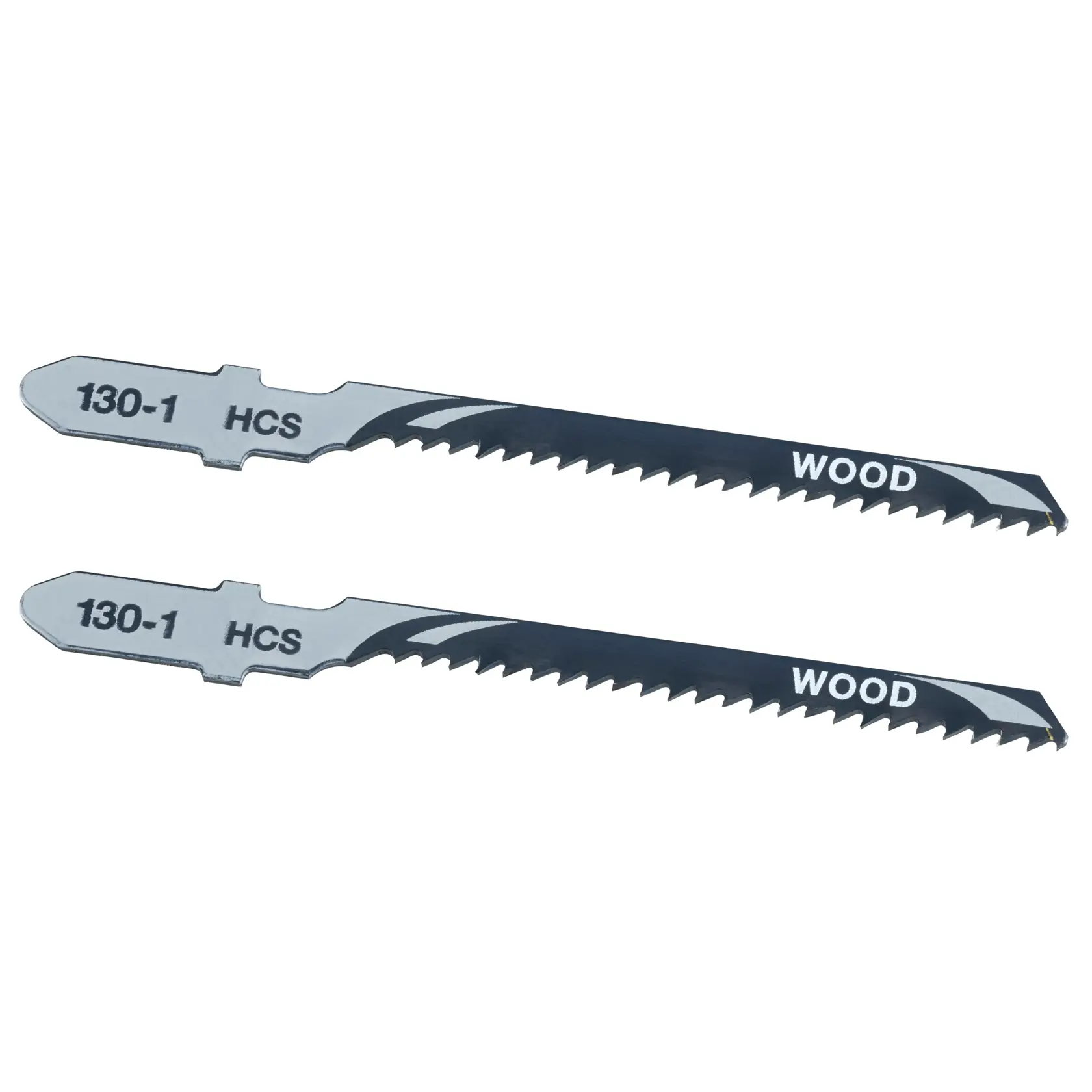 STANLEY STA23042 jigsaw blades for wood, set of two, silver and black, flat lay on white background.