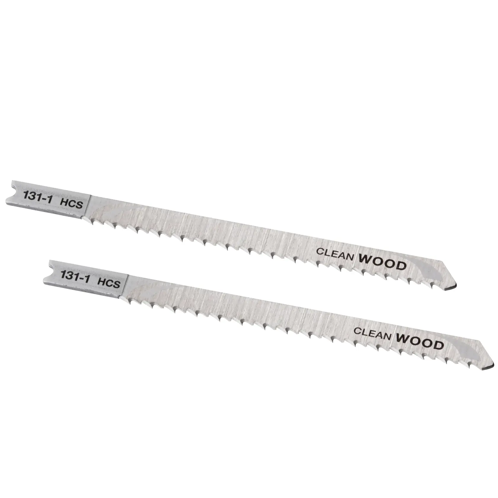 STANLEY STA23062 jigsaw blades for clean wood, silver metal, set of 2, flat angle on white background.