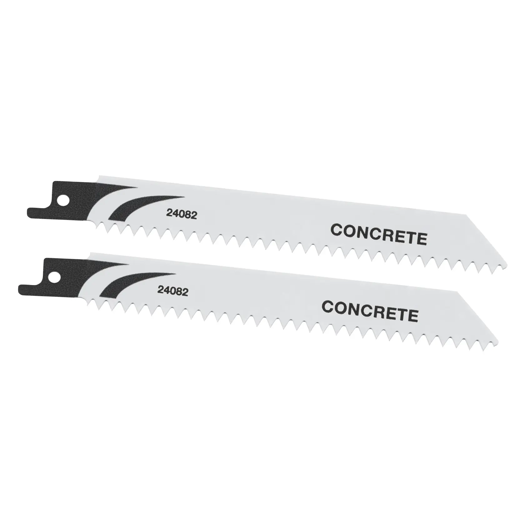 STANLEY STA24082 concrete reciprocating saw blades, white, side angle photo, two pieces.