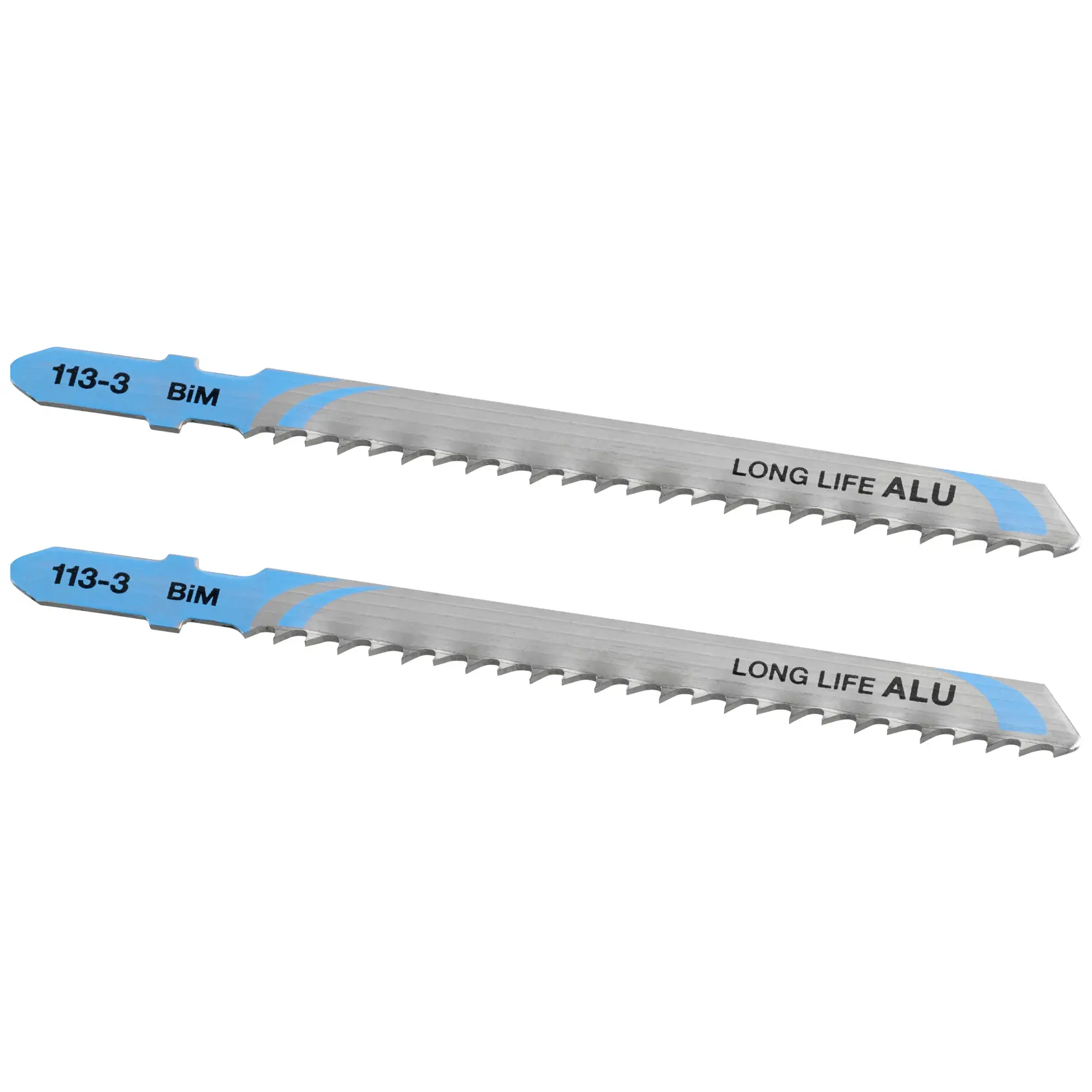STANLEY STA25042 jigsaw blades, silver with blue tips, set of two, long life for aluminum, flat lay on white background.