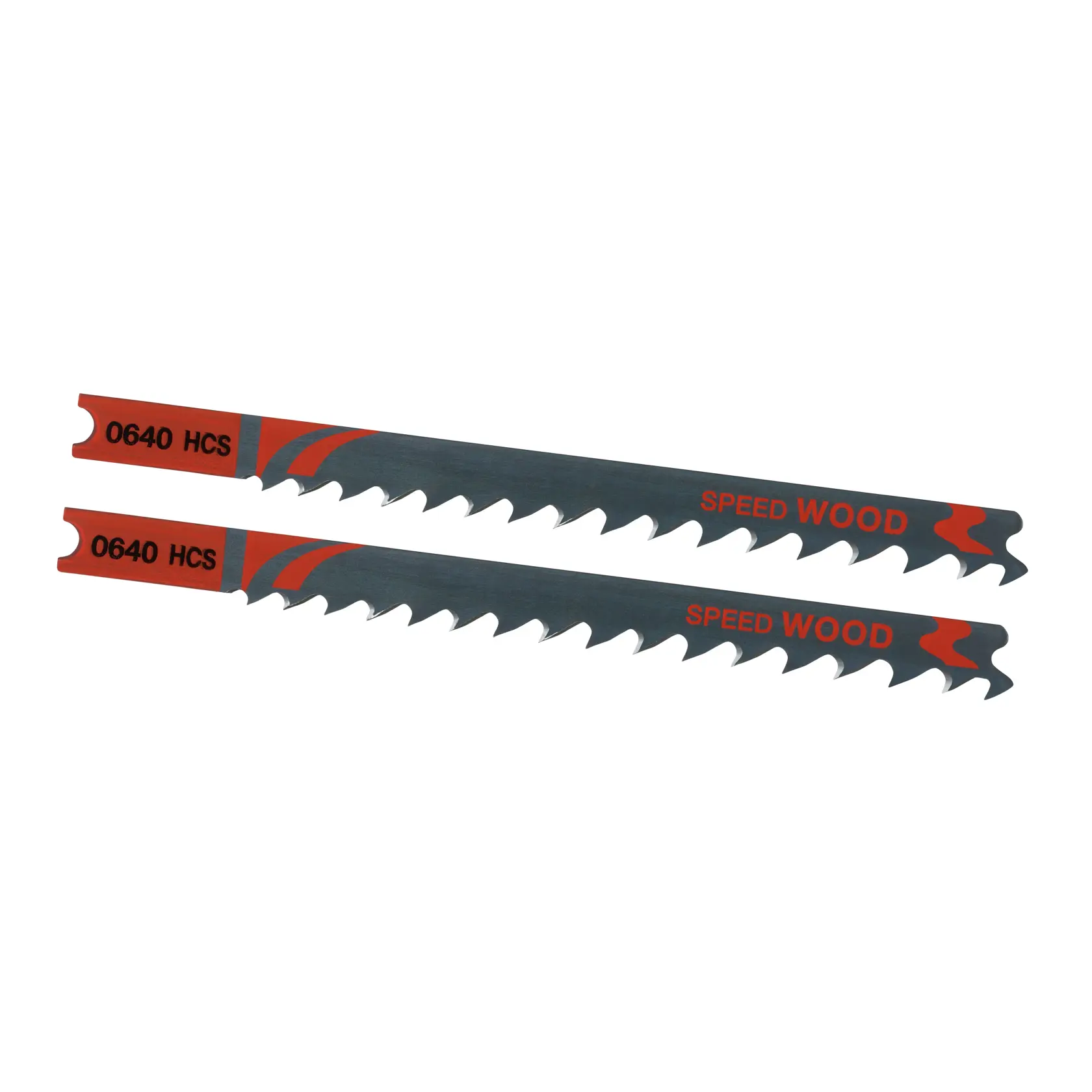 STANLEY STA25522 jigsaw blades for wood, set of 2, black and red, flat lay on white background.