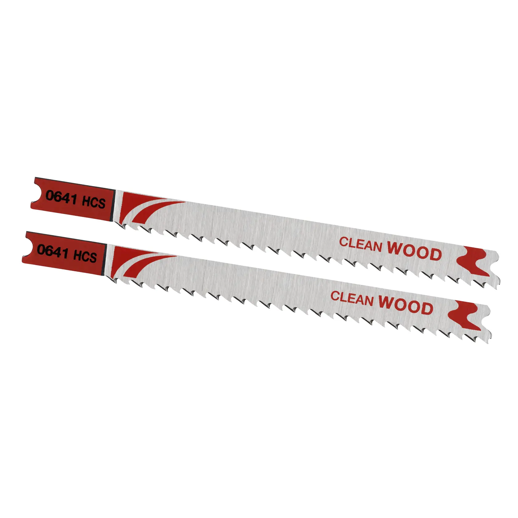 STANLEY STA25542 jigsaw blades for clean wood cutting, silver with red accents, side view, white background.
