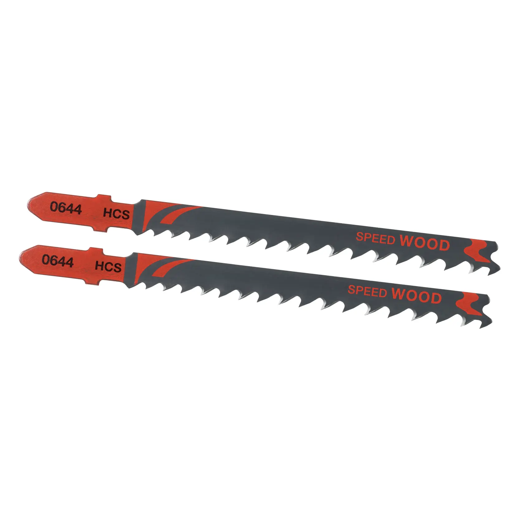 Photo of STANLEY STA25572 jigsaw blades for wood, two black and red blades, side angle on white background.