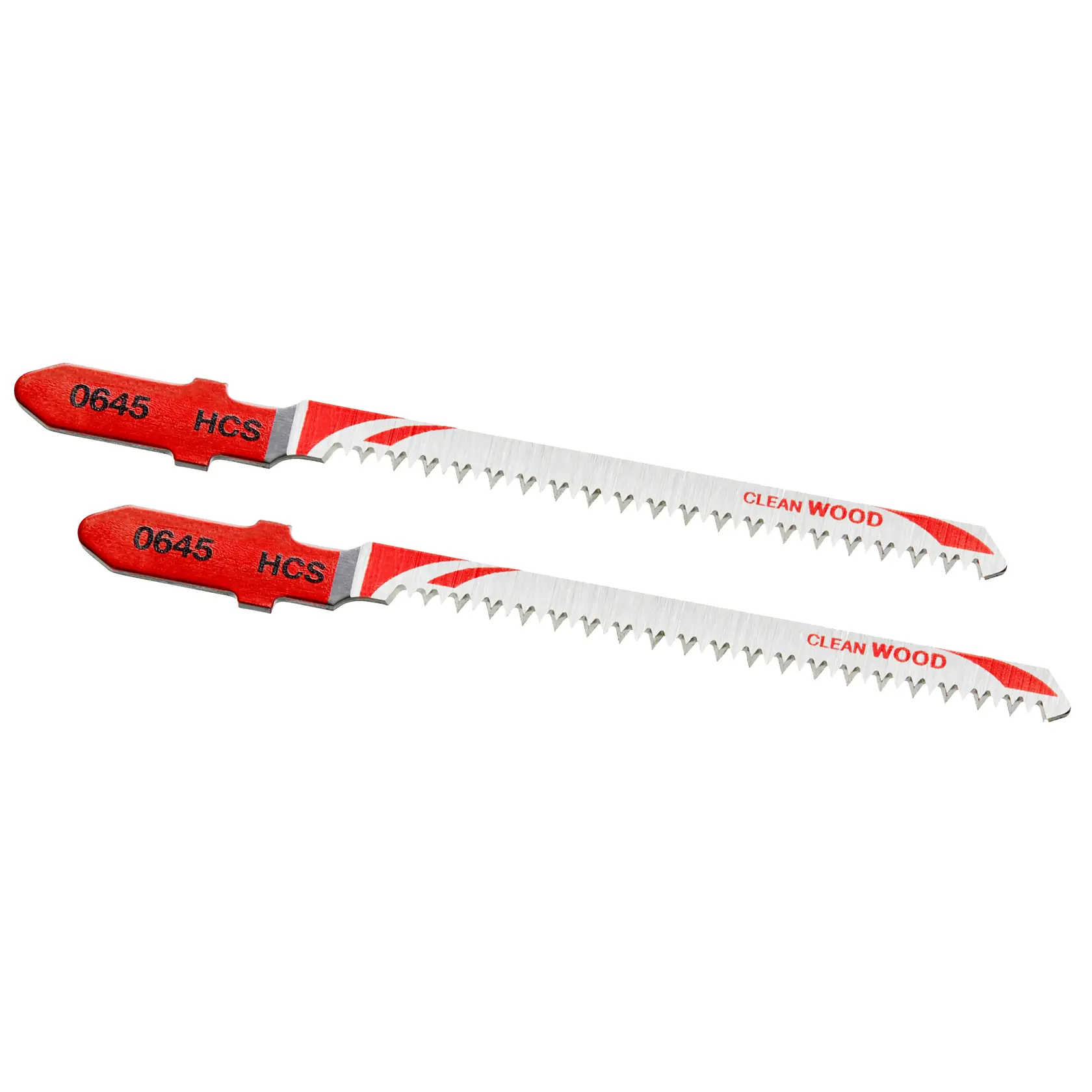 STANLEY STA25582 jigsaw blades for clean wood, showing two silver blades with red shanks, side view.