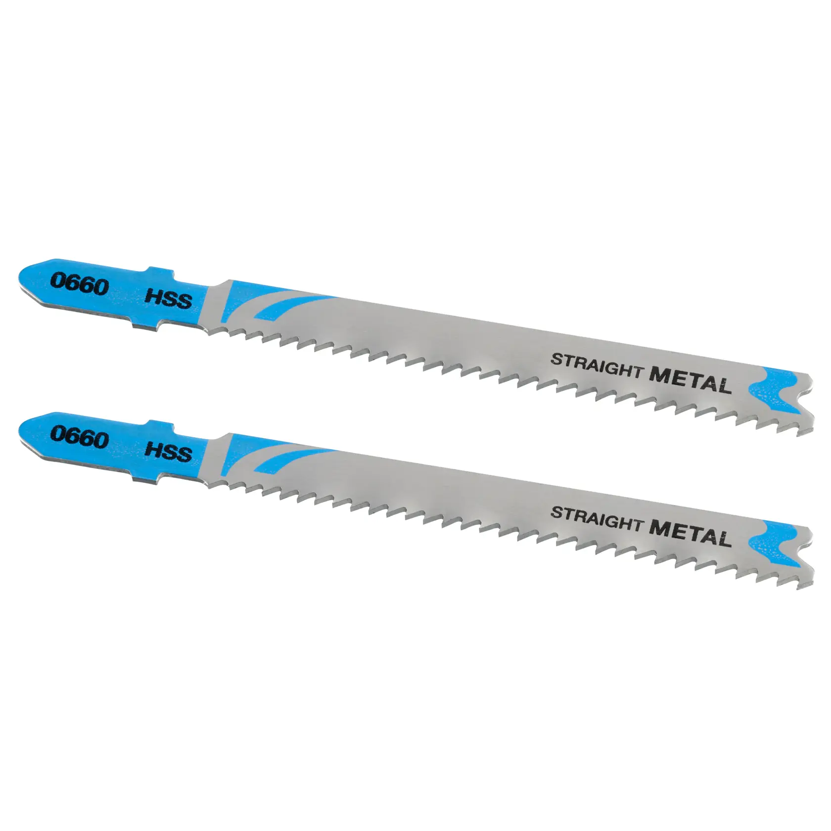 STANLEY STA25792 jigsaw blades set, silver metal with blue markings, straight teeth, front view on white background.