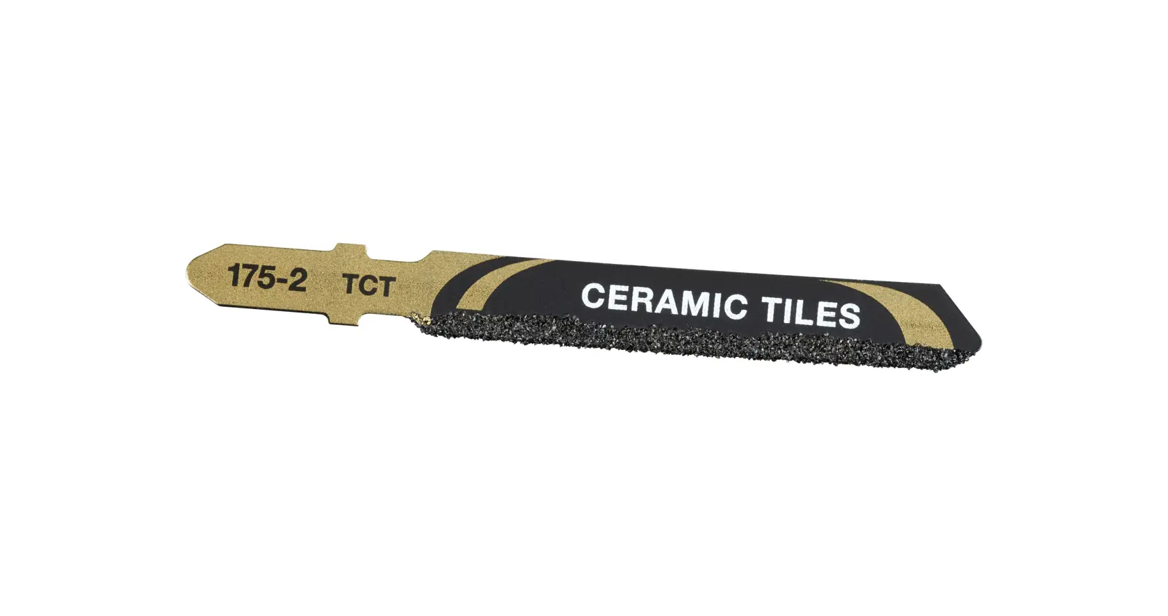 STANLEY STA26051 ceramic tile jigsaw blade, black and gold, side angle on white background.