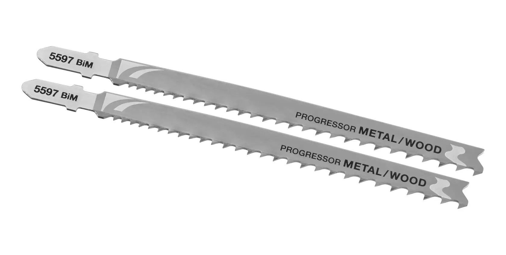 STANLEY STA26052 metal and wood jigsaw blades, silver, two pieces, top view on white background.