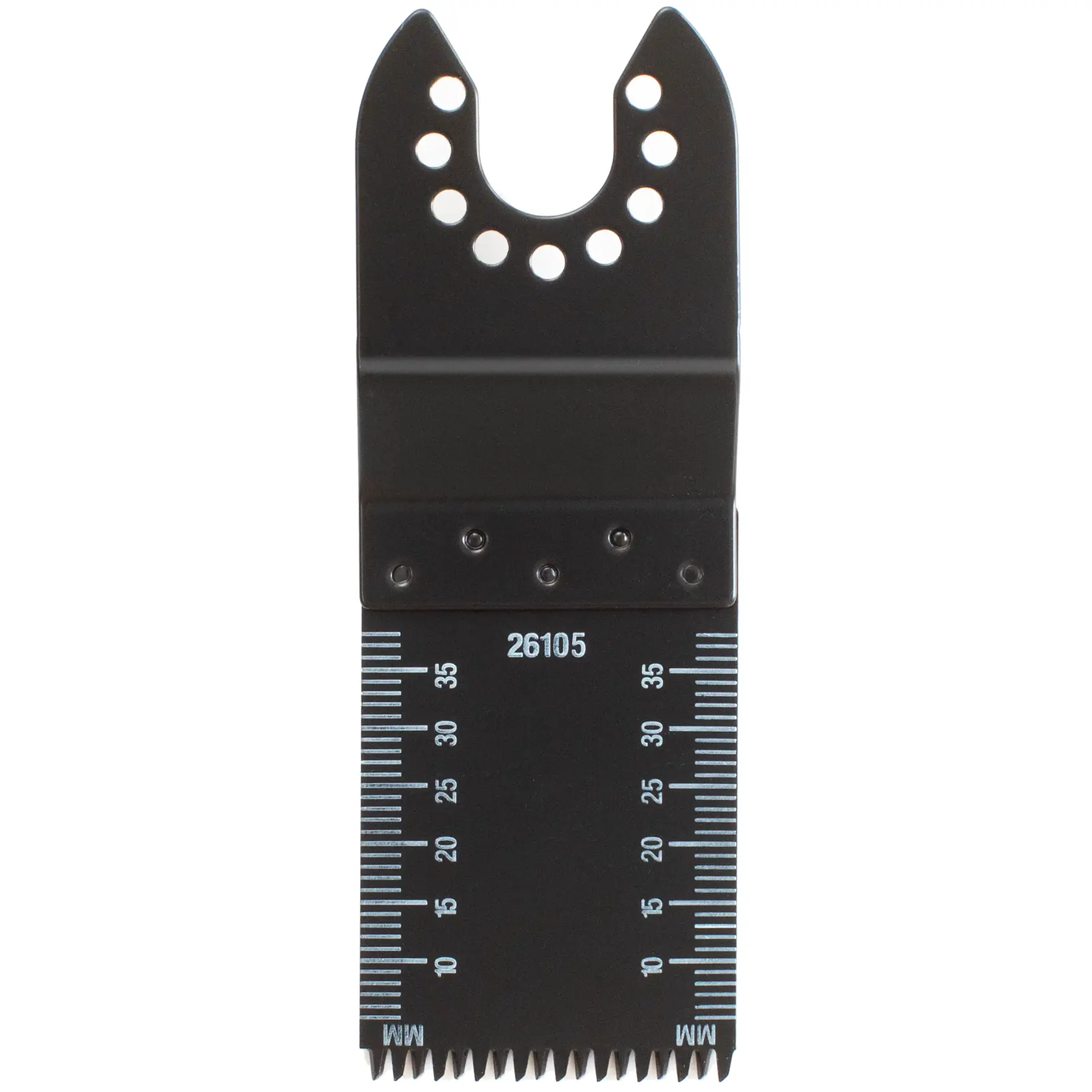 Photo of STANLEY STA26105 oscillating multi tool blade with measurement markings, front view.