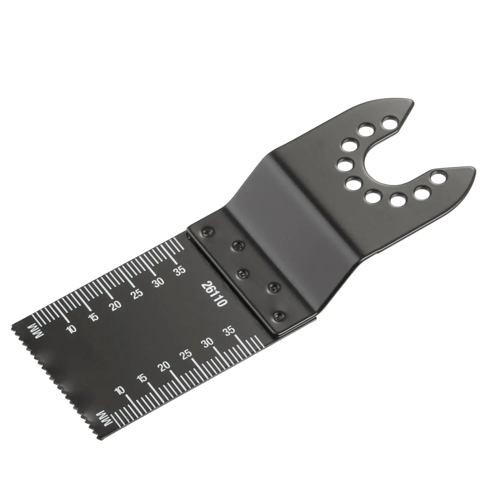STANLEY STA26110 saw blade with metric ruler, black finish, photographed from front angle on white background.