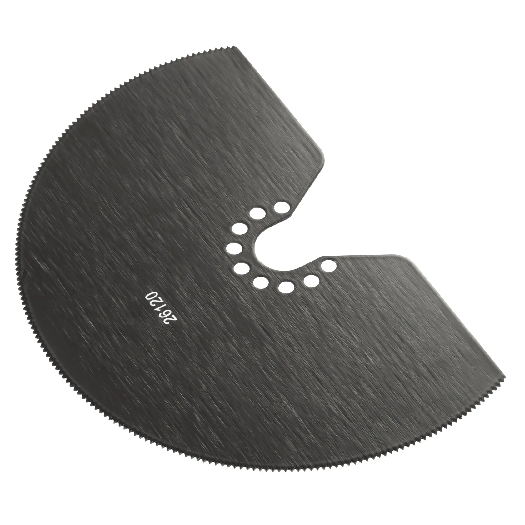 Photo of STANLEY STA26120 circular saw blade with fine teeth, black finish, angled on white background.