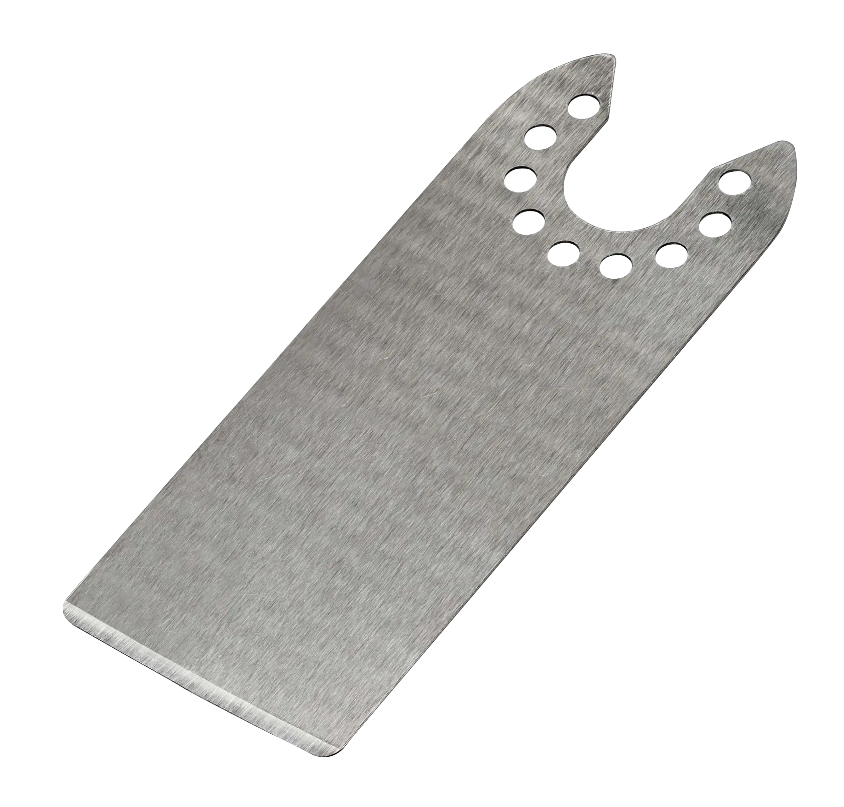 Photo of STANLEY STA26140 rectangular steel oscillating tool blade with rounded cutout and multiple holes, angled view.