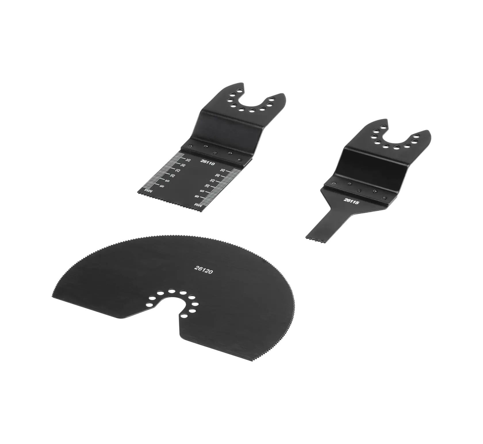 STANLEY STA26150 oscillating multi-tool blade set, three black blades, front angle on white background.