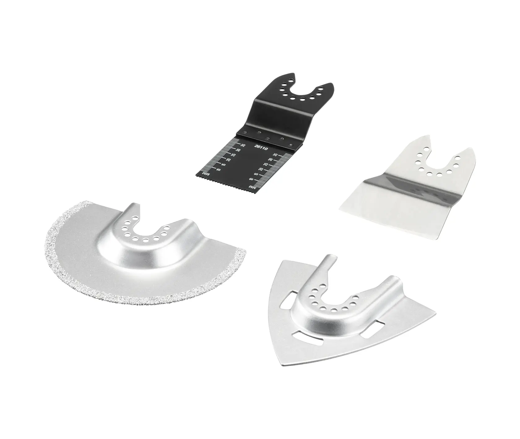 STANLEY STA26160 oscillating multi-tool accessory set, four silver and black blades, photography angled view.