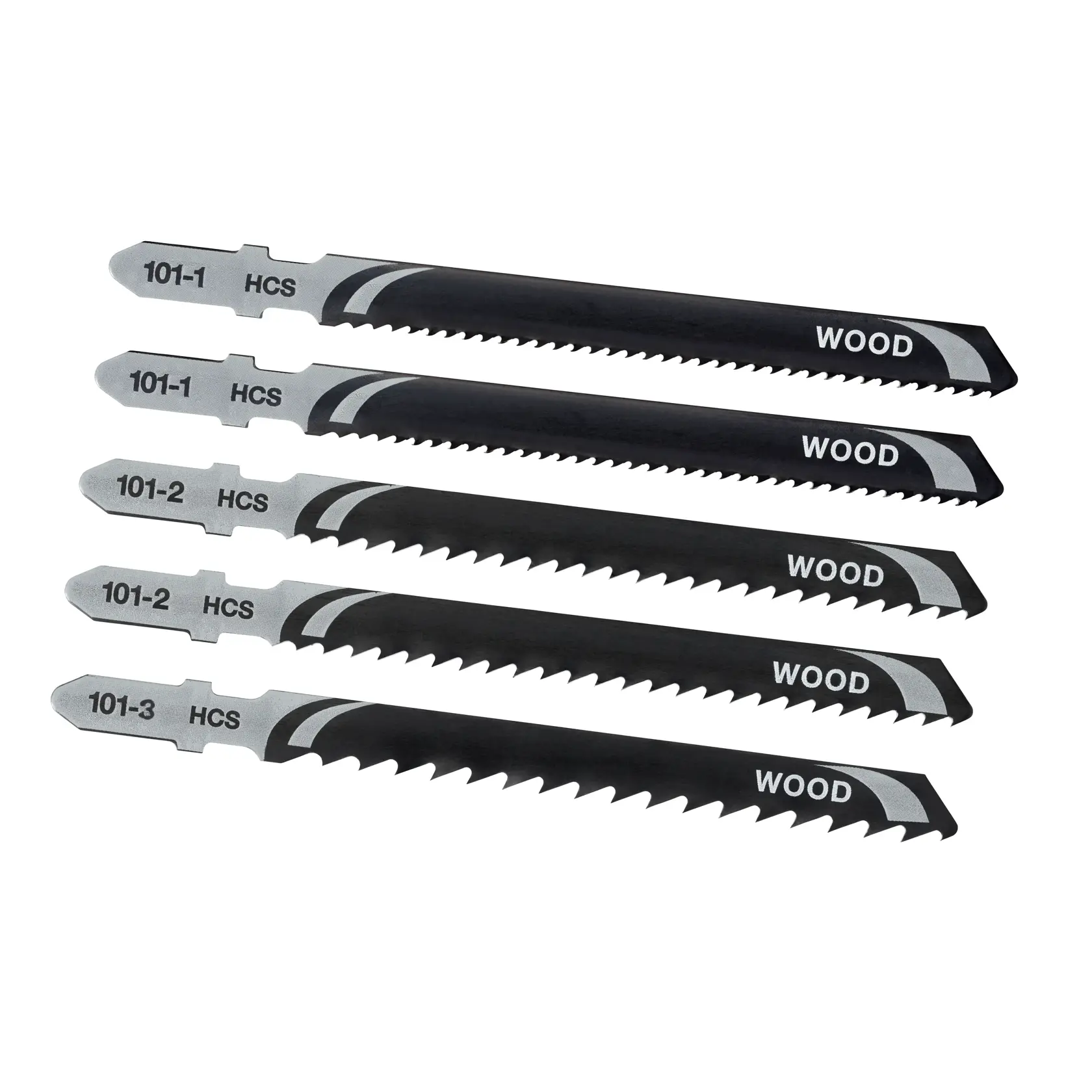 STANLEY STA27025 woodworking jigsaw blades set, black and silver, top view, photography product.