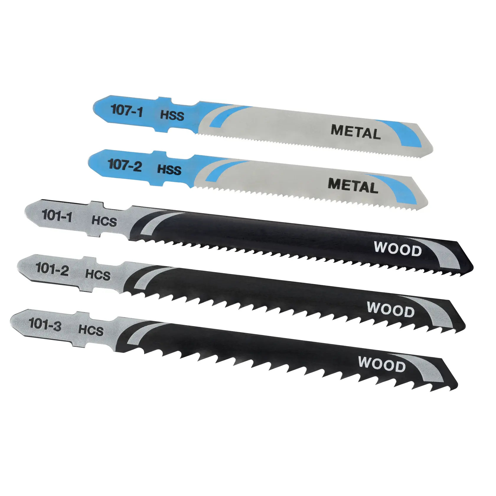 STANLEY STA27030 jigsaw blades set, five pieces, metal and wood cutting, front angle, white background.
