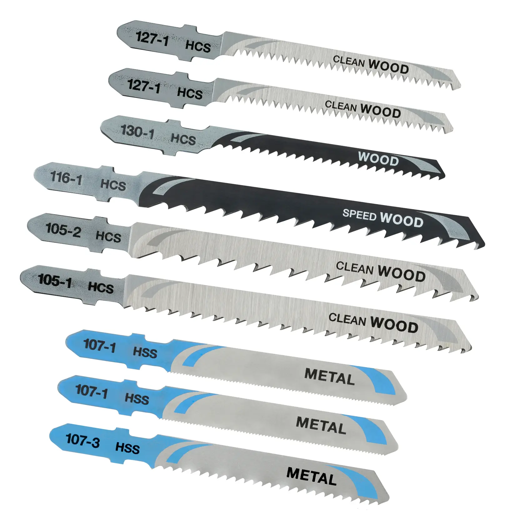 STANLEY STA28050 jigsaw blades set, various types for wood and metal, side angle photo on white background.