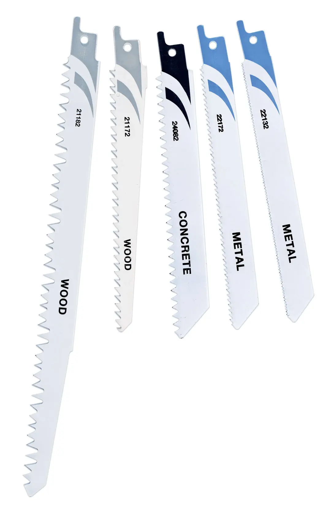 STANLEY STA28205 reciprocating saw blade set for wood, metal, and concrete, 5-piece, front view on white.