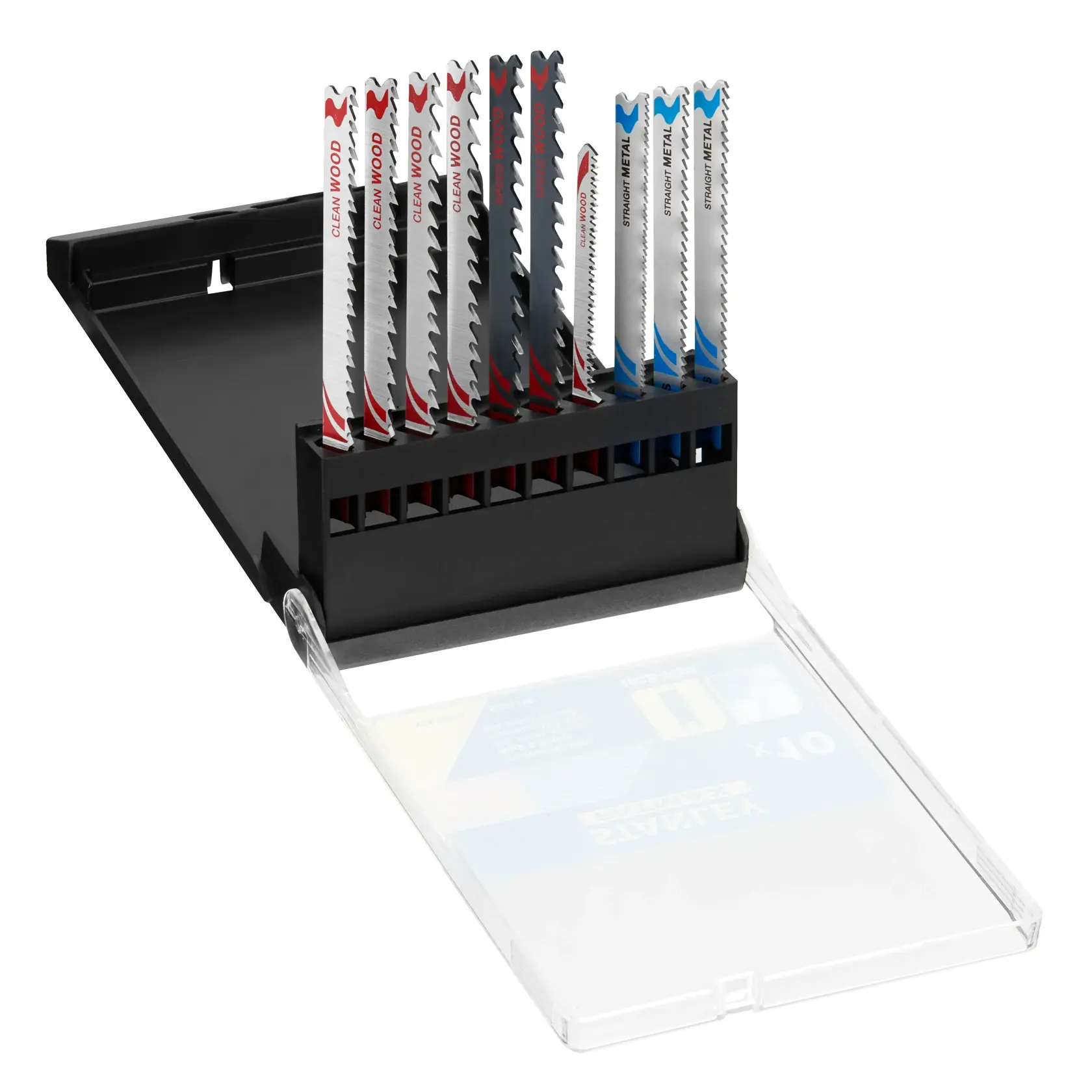 STANLEY STA29230 jigsaw blade set in a black plastic case, photo showing multiple blades for wood and metal.