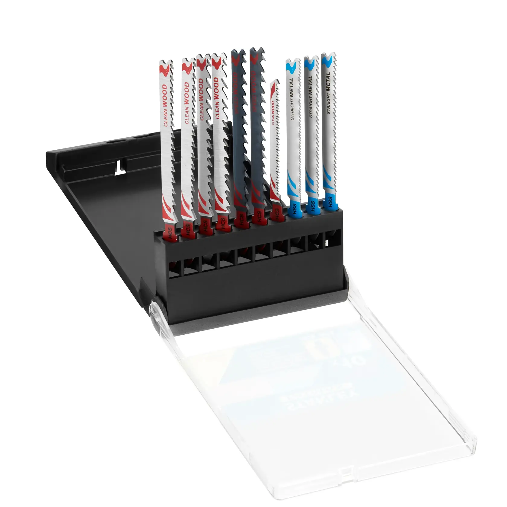 STANLEY STA29240 jigsaw blade set with ten assorted blades in a black plastic case, angled view.