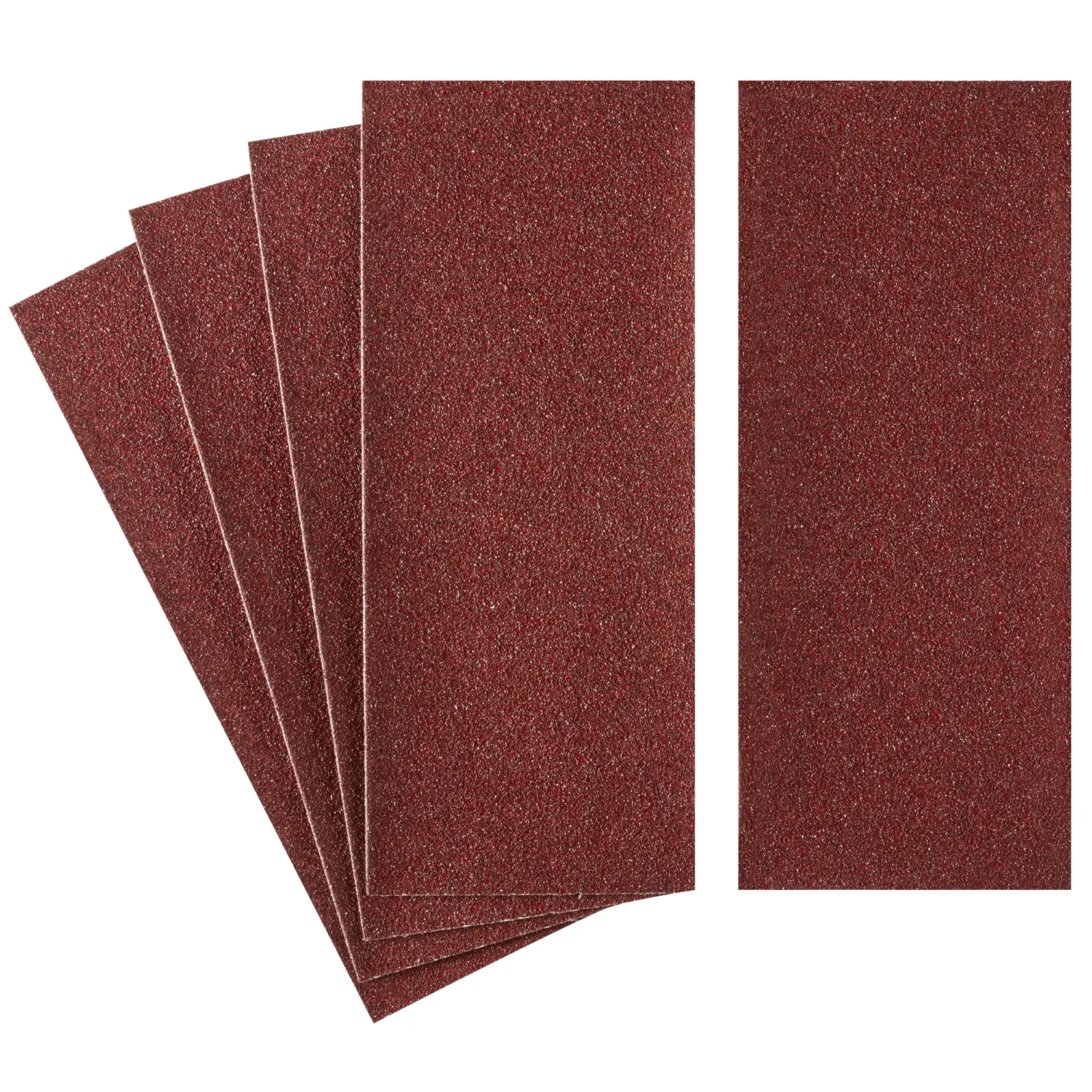 STANLEY STA31001 sandpaper sheets, set of six, rectangular, reddish-brown abrasive surface, top view, photography product.