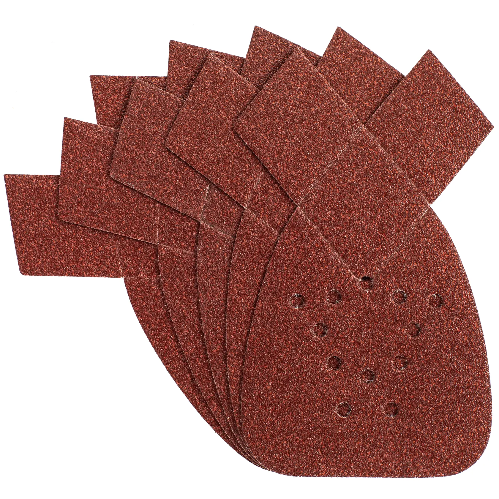 STANLEY STA31004 sanding sheets, brown, photography, top angle, showing multiple sheets fanned out.