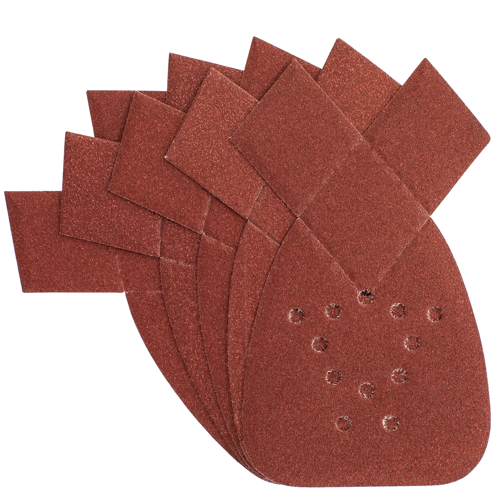 STANLEY STA31009 sanding sheets set, brown, fan arrangement, product photography on white background.