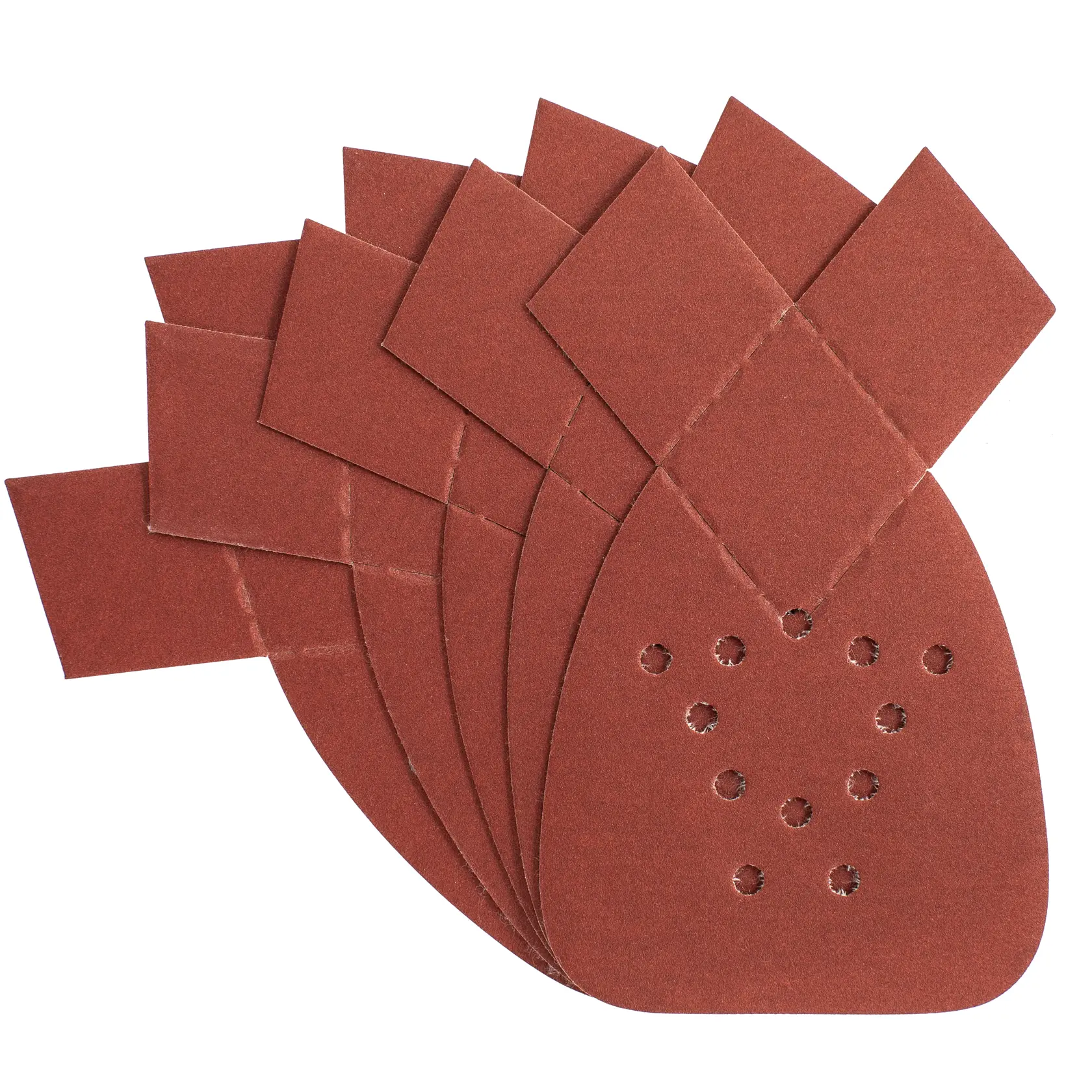 STANLEY STA31019 multi-pack sanding sheets with vent holes, brown, fan arrangement, top view, photography.
