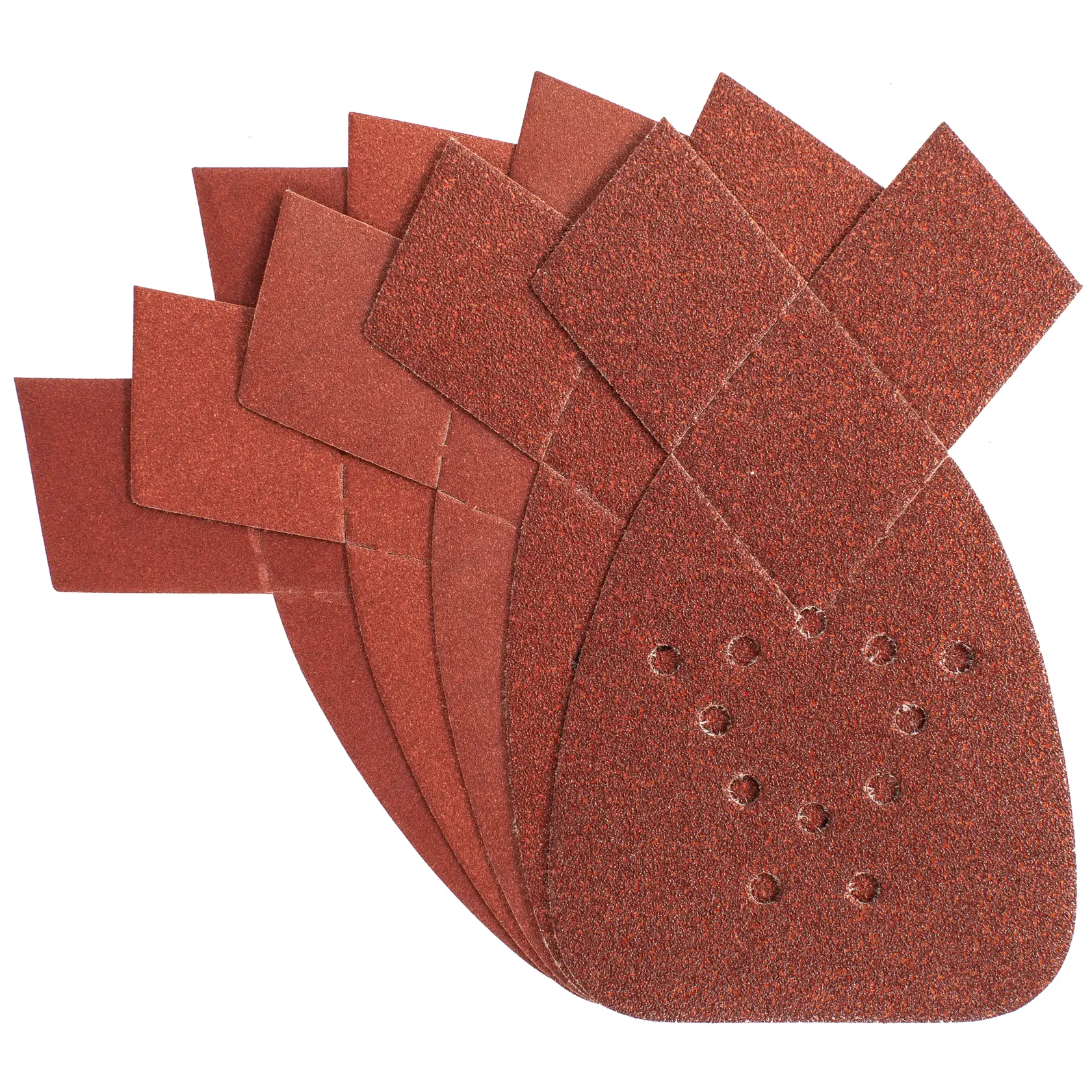 STANLEY STA31024 sanding paper sheets set, brown abrasive pads with ventilation holes, product photography, top view.