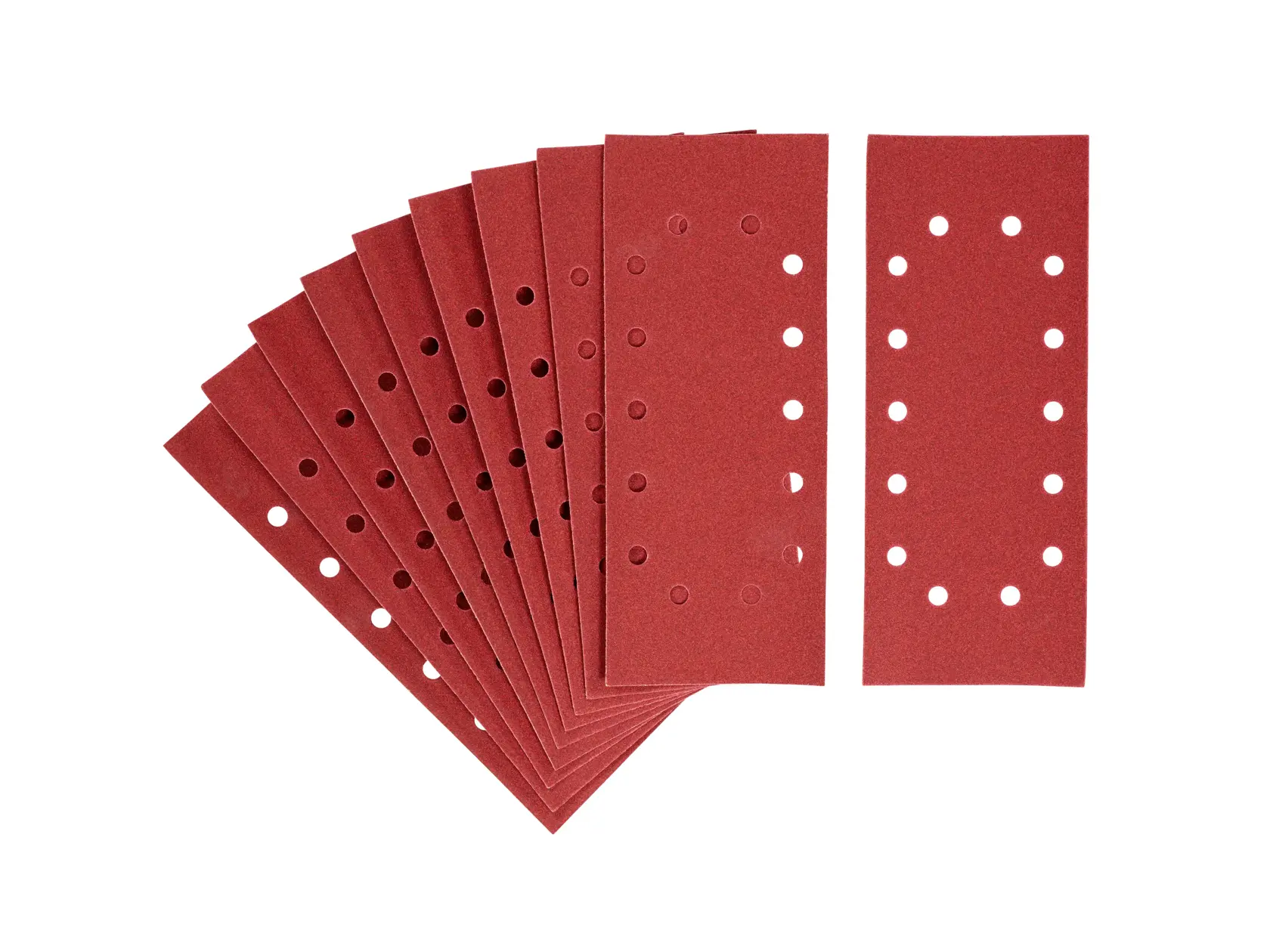 STANLEY STA31025 rectangular red sandpaper sheets with holes, pack of ten, front angle on white background.