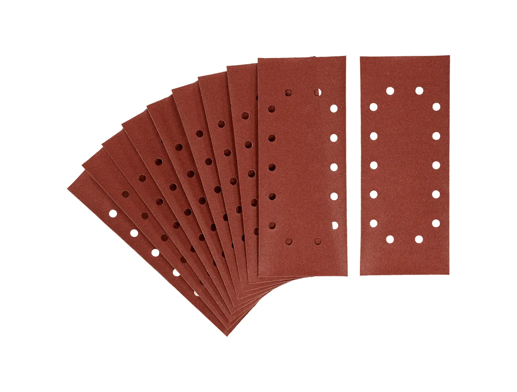STANLEY STA31030 rectangular sanding sheets with holes, brown, product photography on white background.