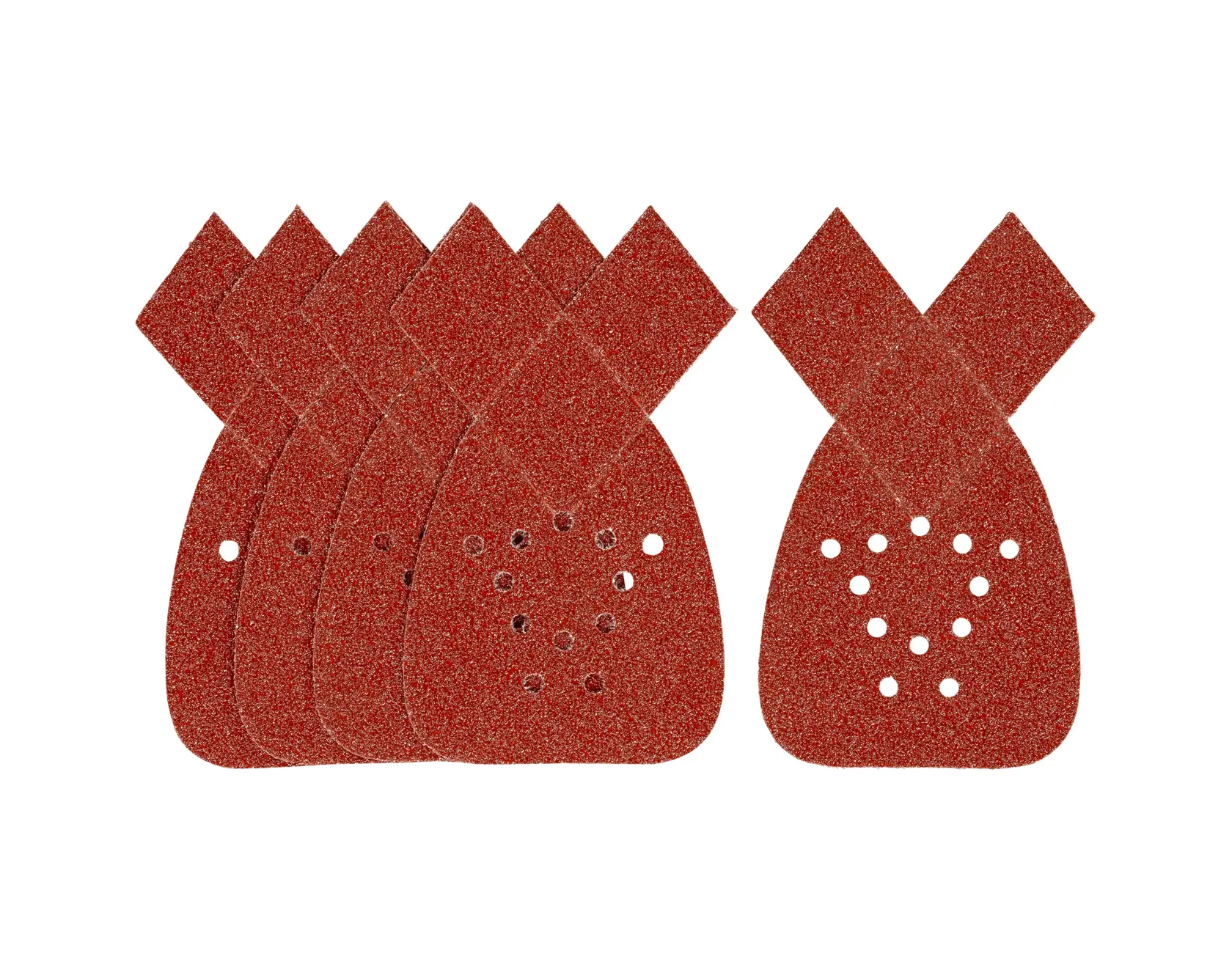 STANLEY STA31034 sanding sheets pack, triangular red abrasive pads with holes, product photo on white background.