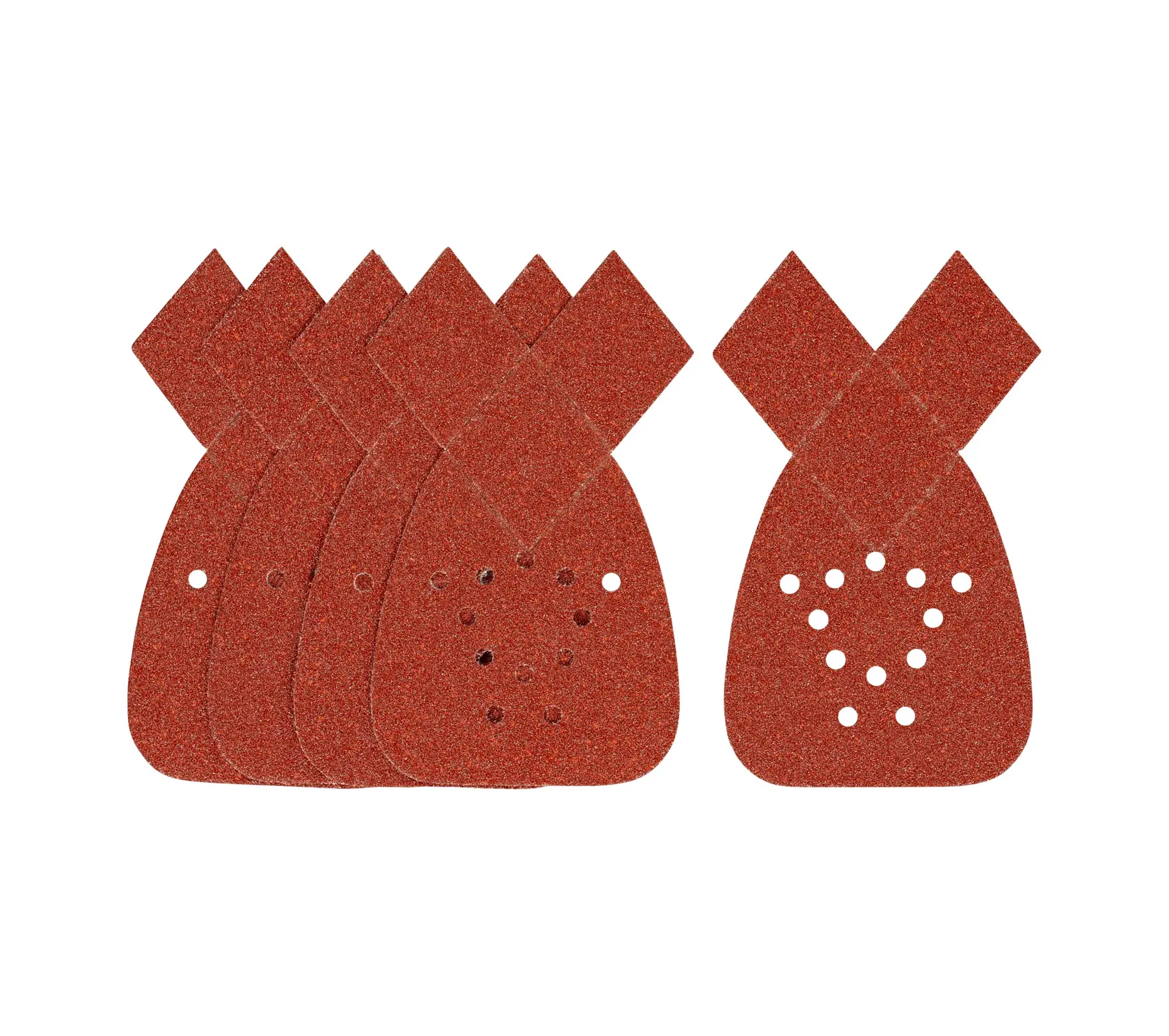 Photo of STANLEY STA31039 triangular sanding sheets, assorted grits, with dust extraction holes, set of ten, front view.