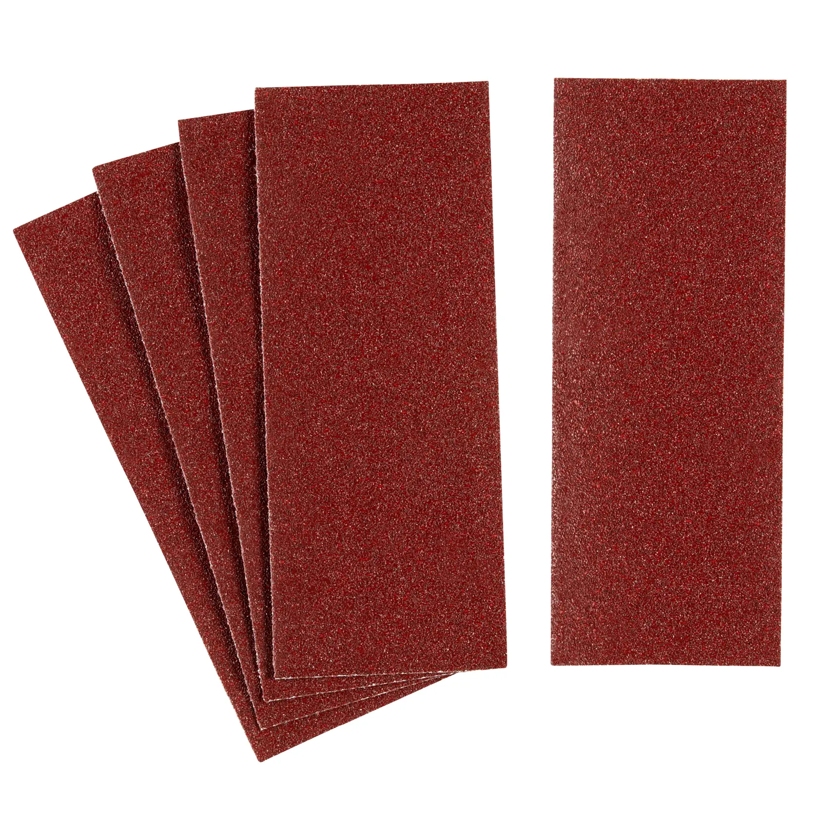 Photo of STANLEY STA31091 red rectangular sandpaper sheets, set of five, on white background.