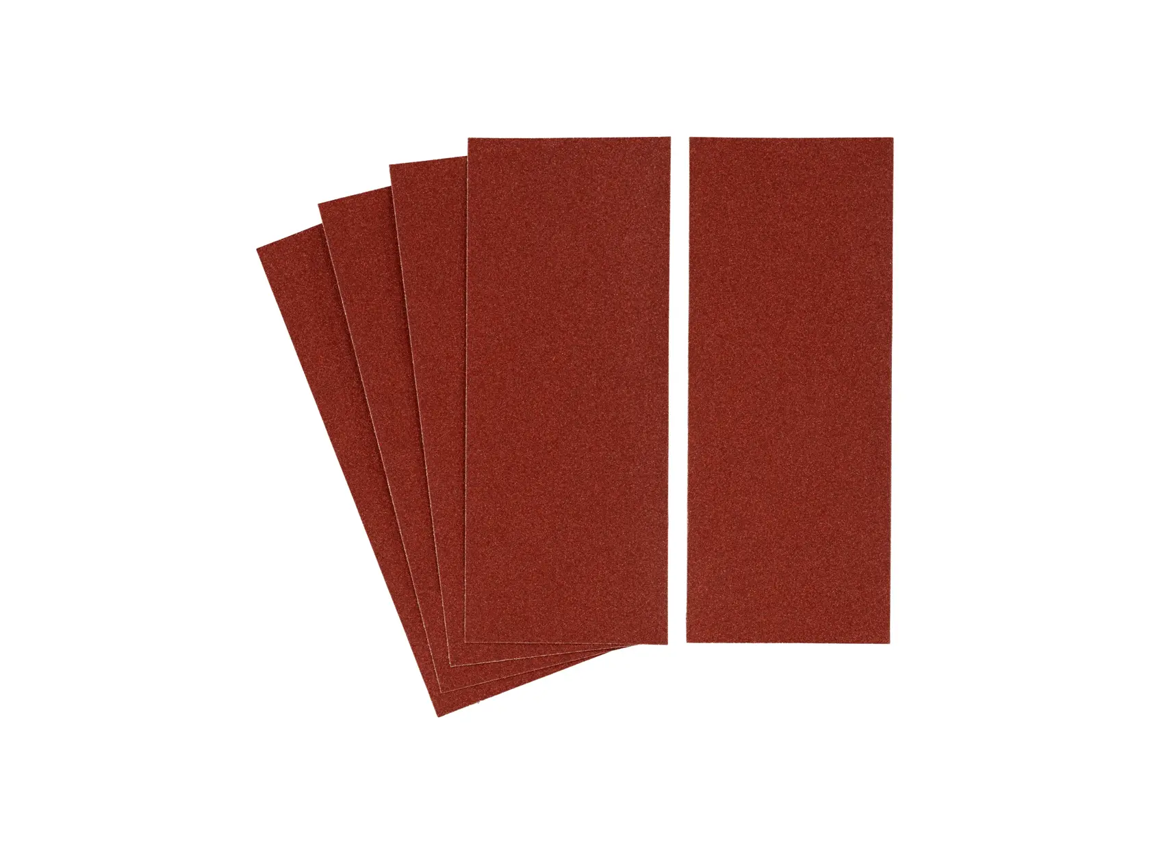 Photo of STANLEY STA31098 sanding sheets pack, brown abrasive rectangular sheets, top view, on white background.