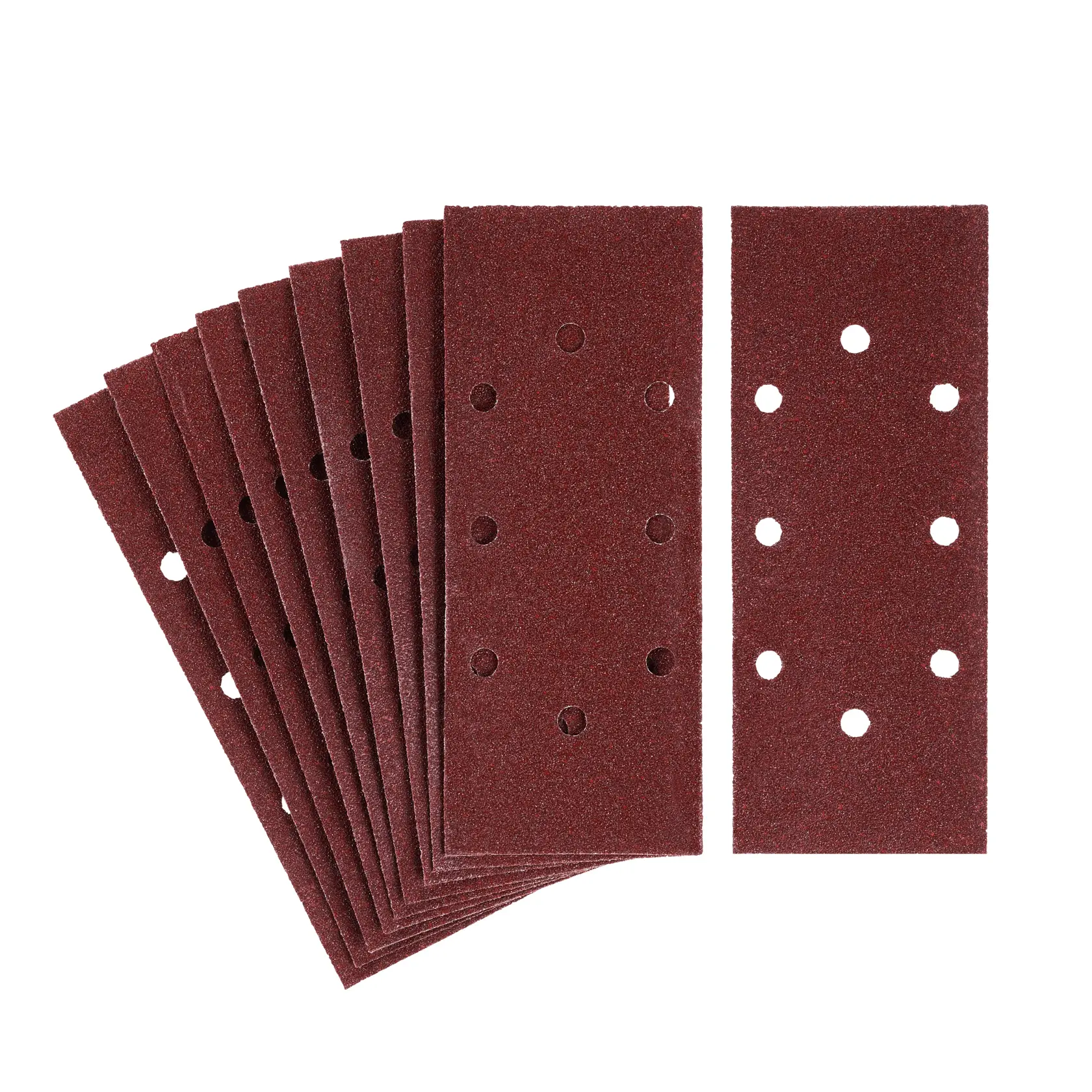STANLEY STA31100 sandpaper sheets with holes, rectangular, brown, front angle on white background.