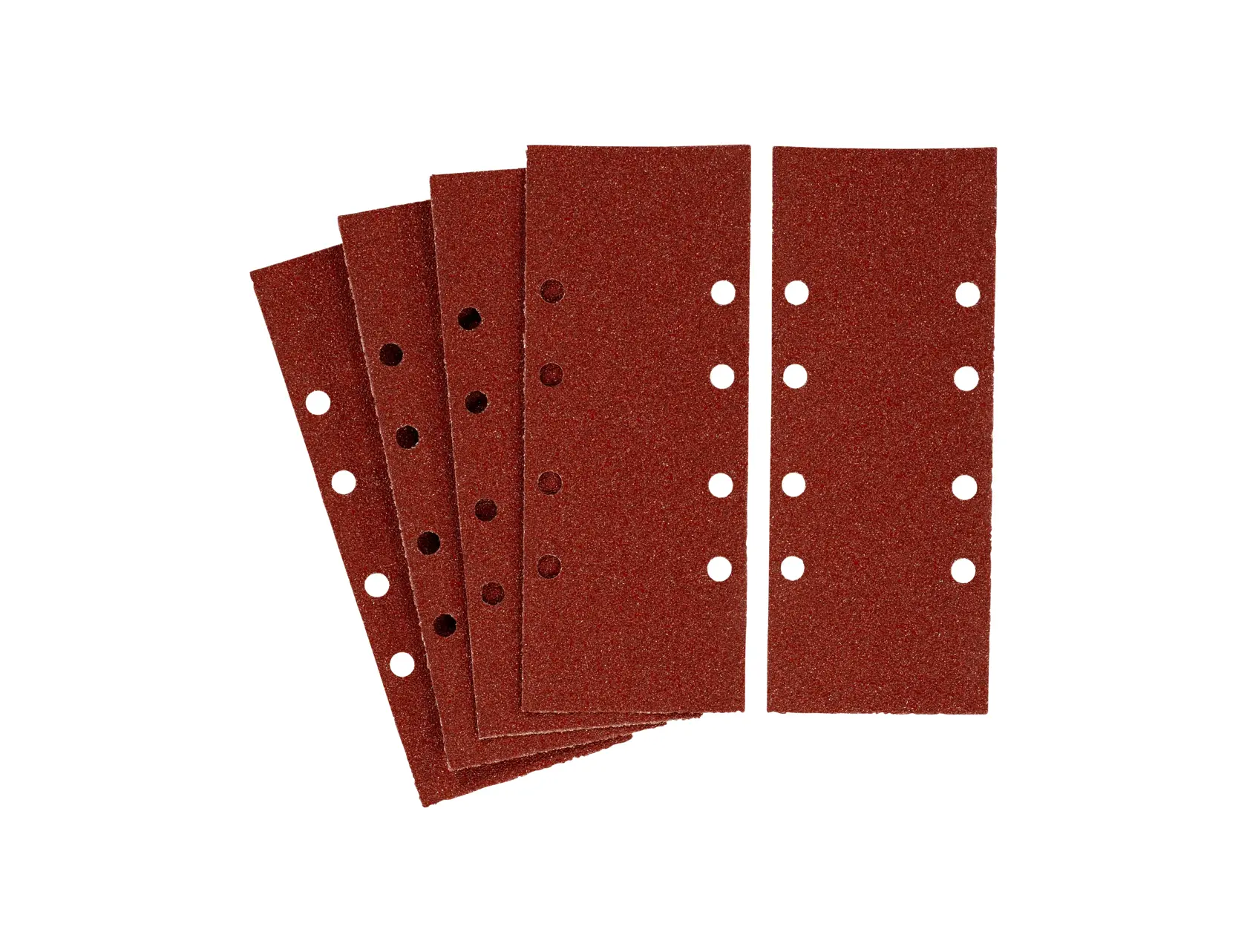 Photo of STANLEY STA31121 sanding sheets, rectangular, brown, with perforation holes, front angle.