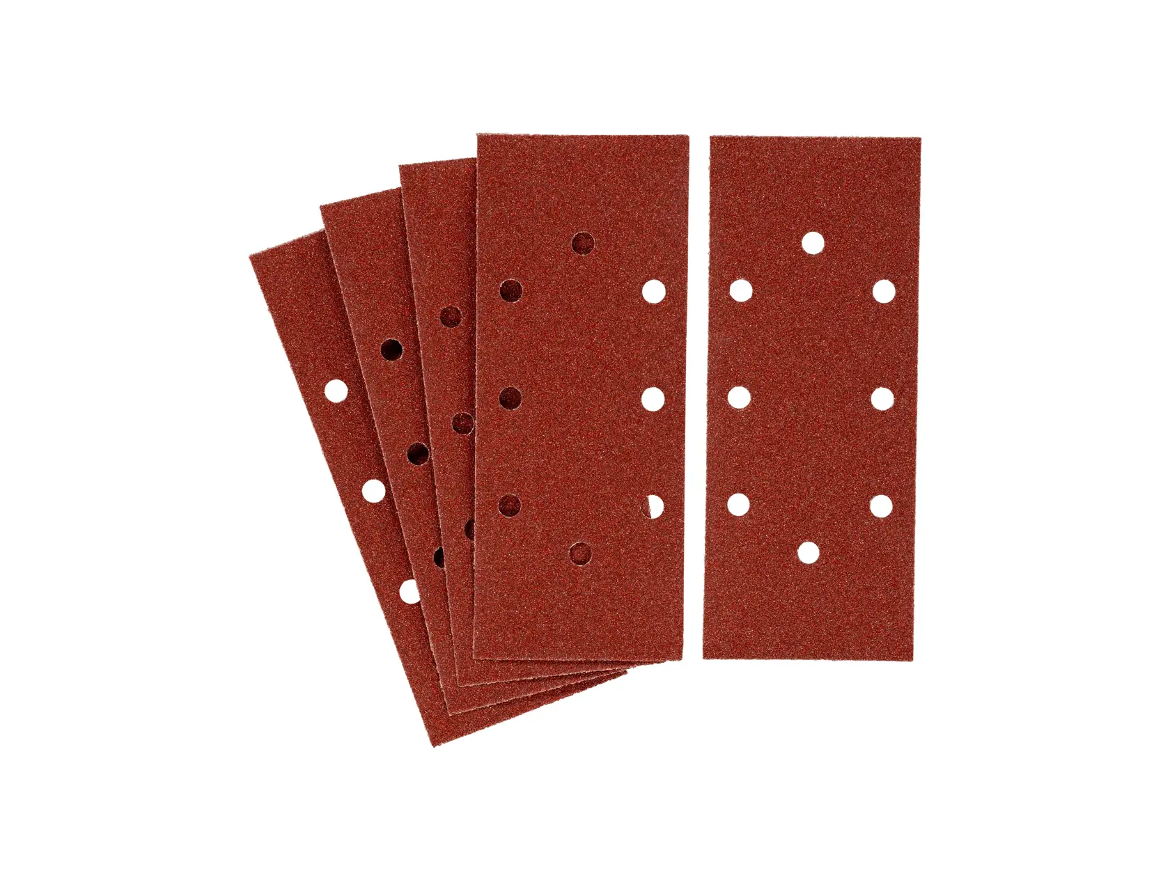 STANLEY STA31156 set of rectangular red sanding sheets with multiple holes, top view on white background.