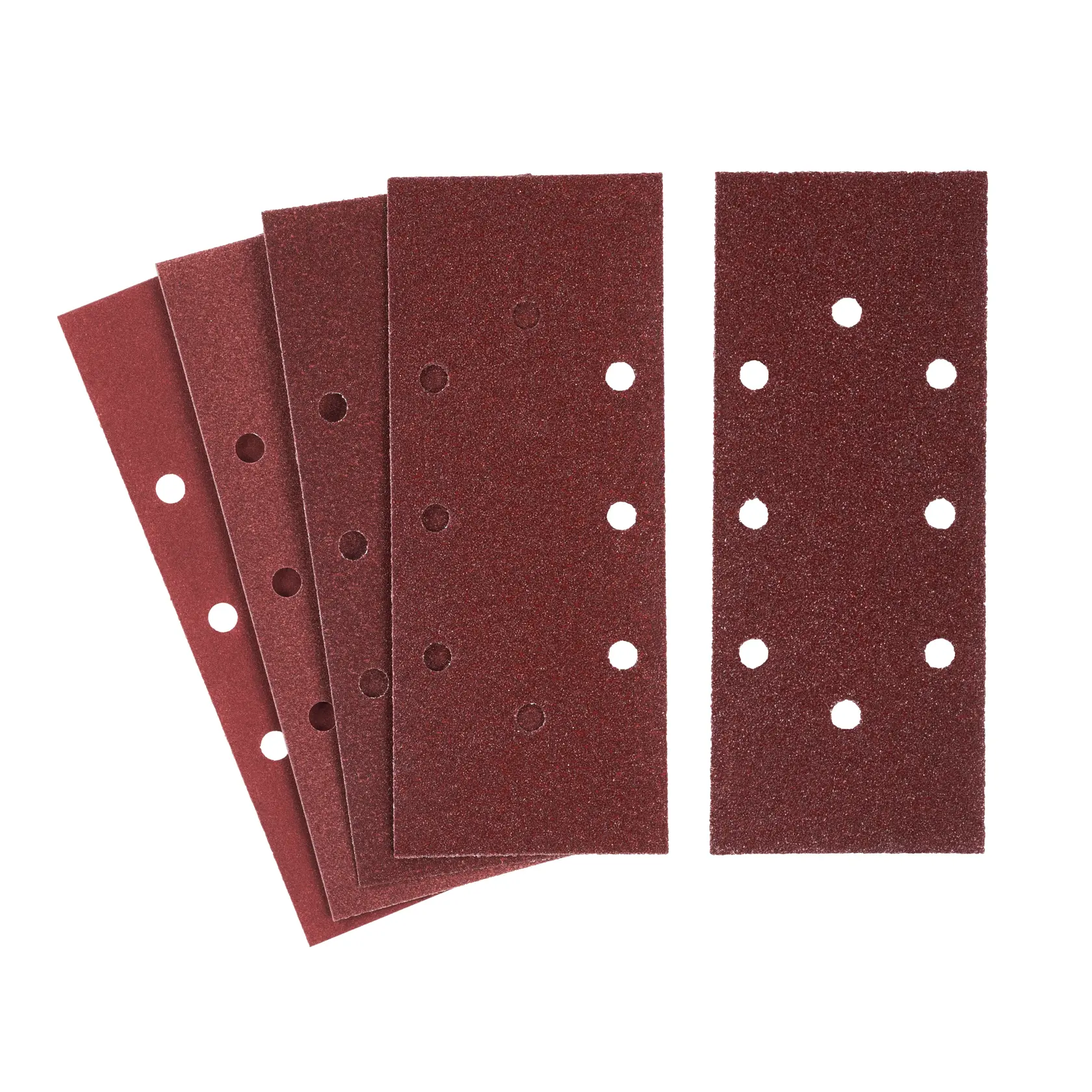 STANLEY STA31176 rectangular sanding sheets, red, with perforation holes, shown front angle on white background.