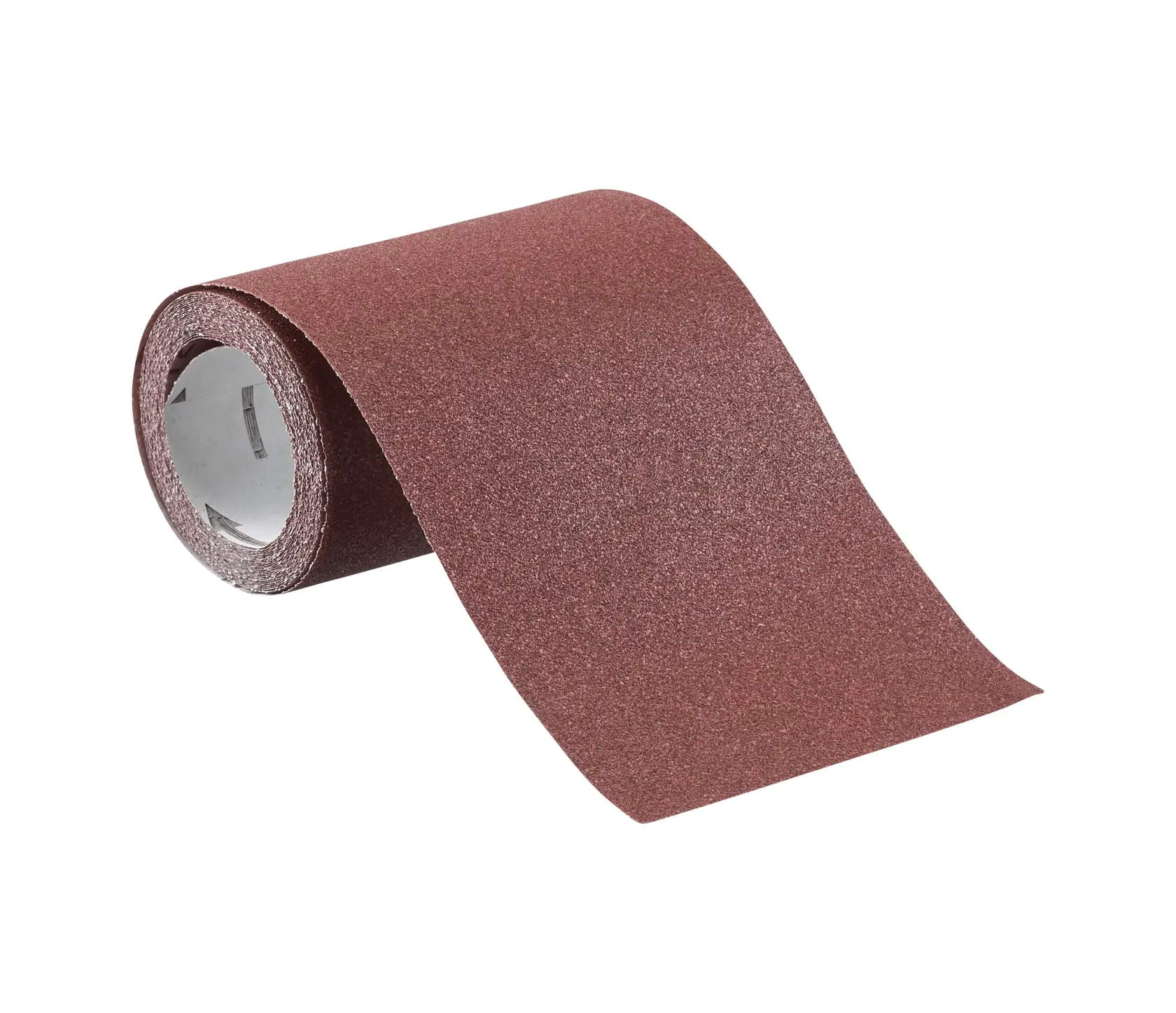STANLEY STA31436 brown abrasive sandpaper roll, photography, angled view on white background.