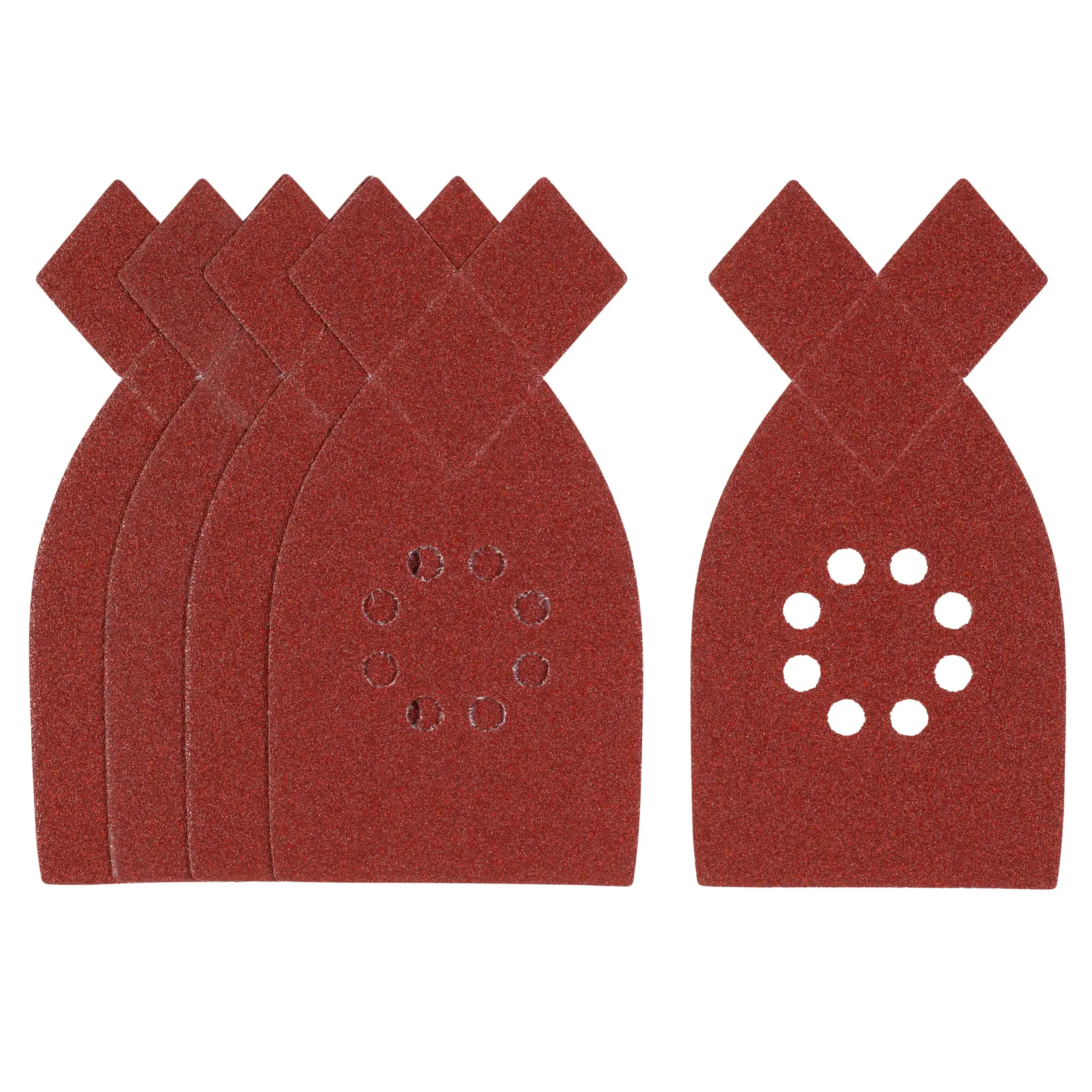 Photo of STANLEY STA31442 red sanding sheets set, pointed with circular perforations, on white background.