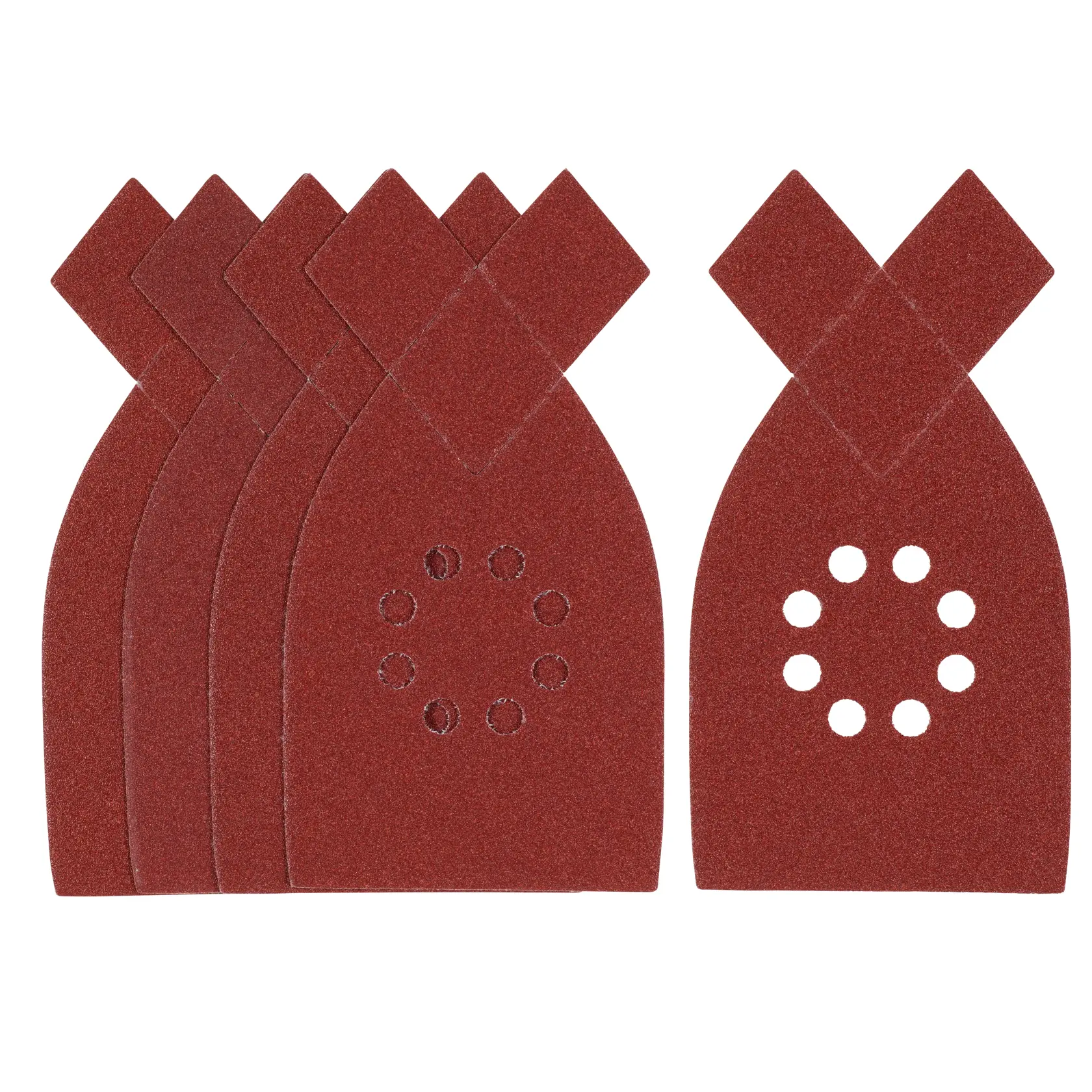 STANLEY STA31447 pack of red triangular sanding sheets with circular holes, photo from front on white background.