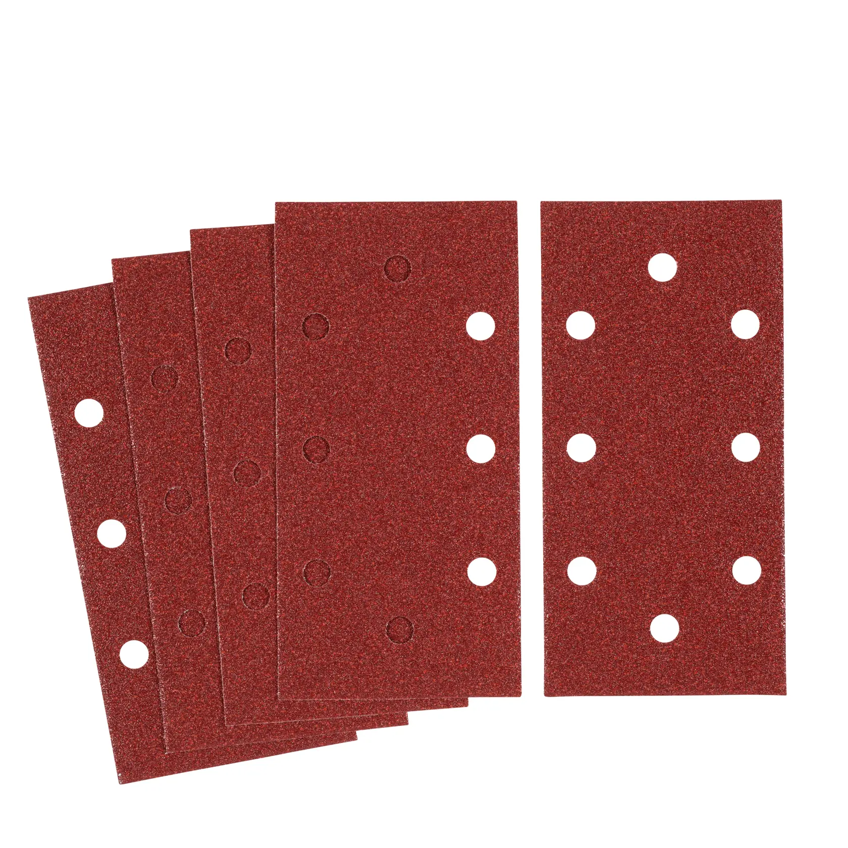Photo of STANLEY STA31517 rectangular sanding sheets, red color, six sheets stacked, multiple round holes visible, top view.
