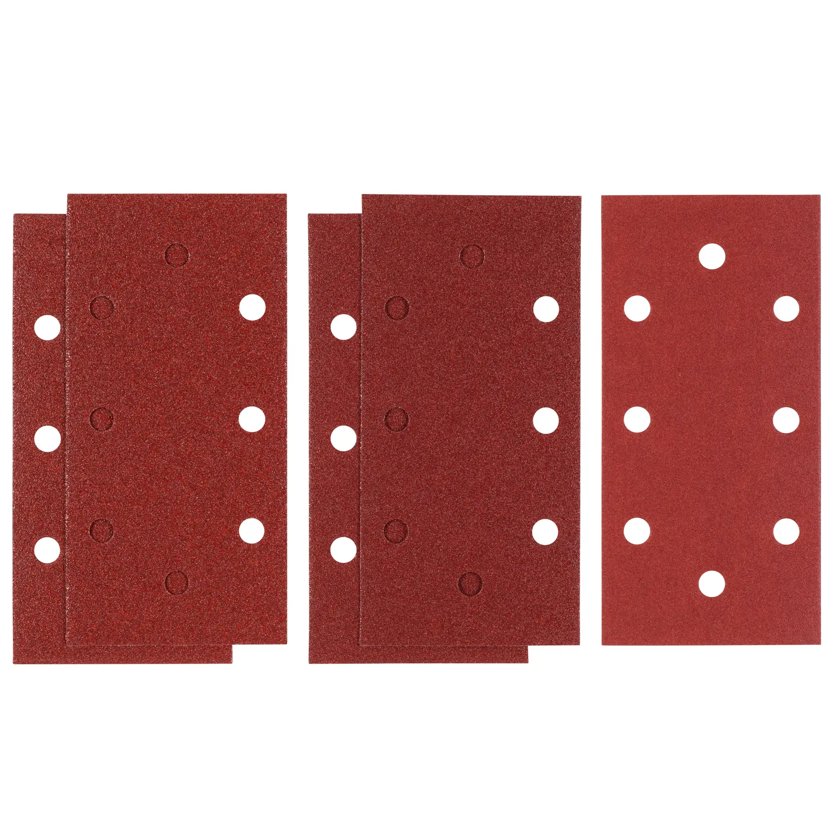 STANLEY STA31532 rectangular sanding sheets with eight holes, brown, set of three, top view, photography of abrasives.